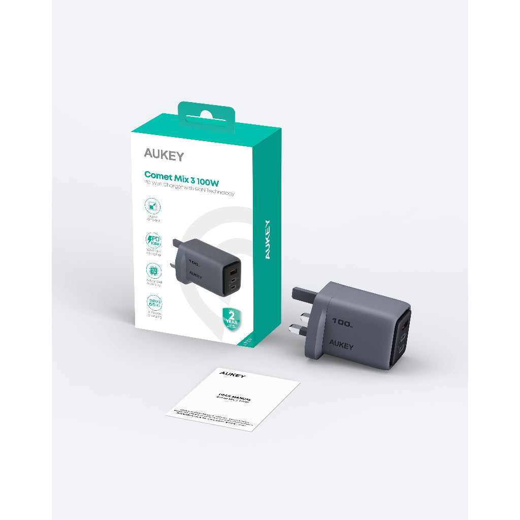 AUKEY PA-C5 Comet Mix 3 100W PD 3-Port GaN Wall Charger with PPS for Laptop & Mobile