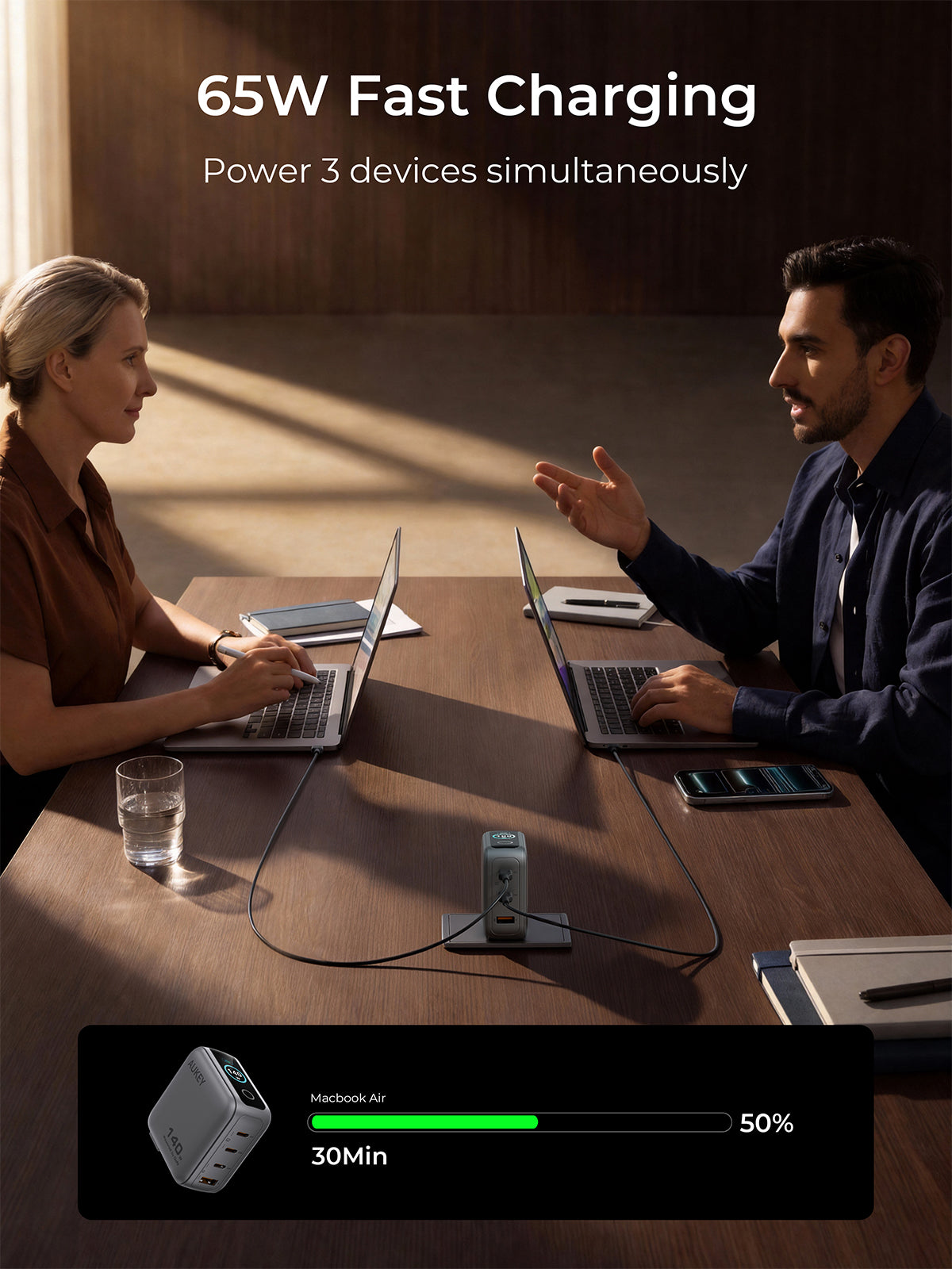 Aukey PA-B8U Nova PinS 65W GaN Wall Charger Smart Display EU UK US TH Interchangeable Plugs
