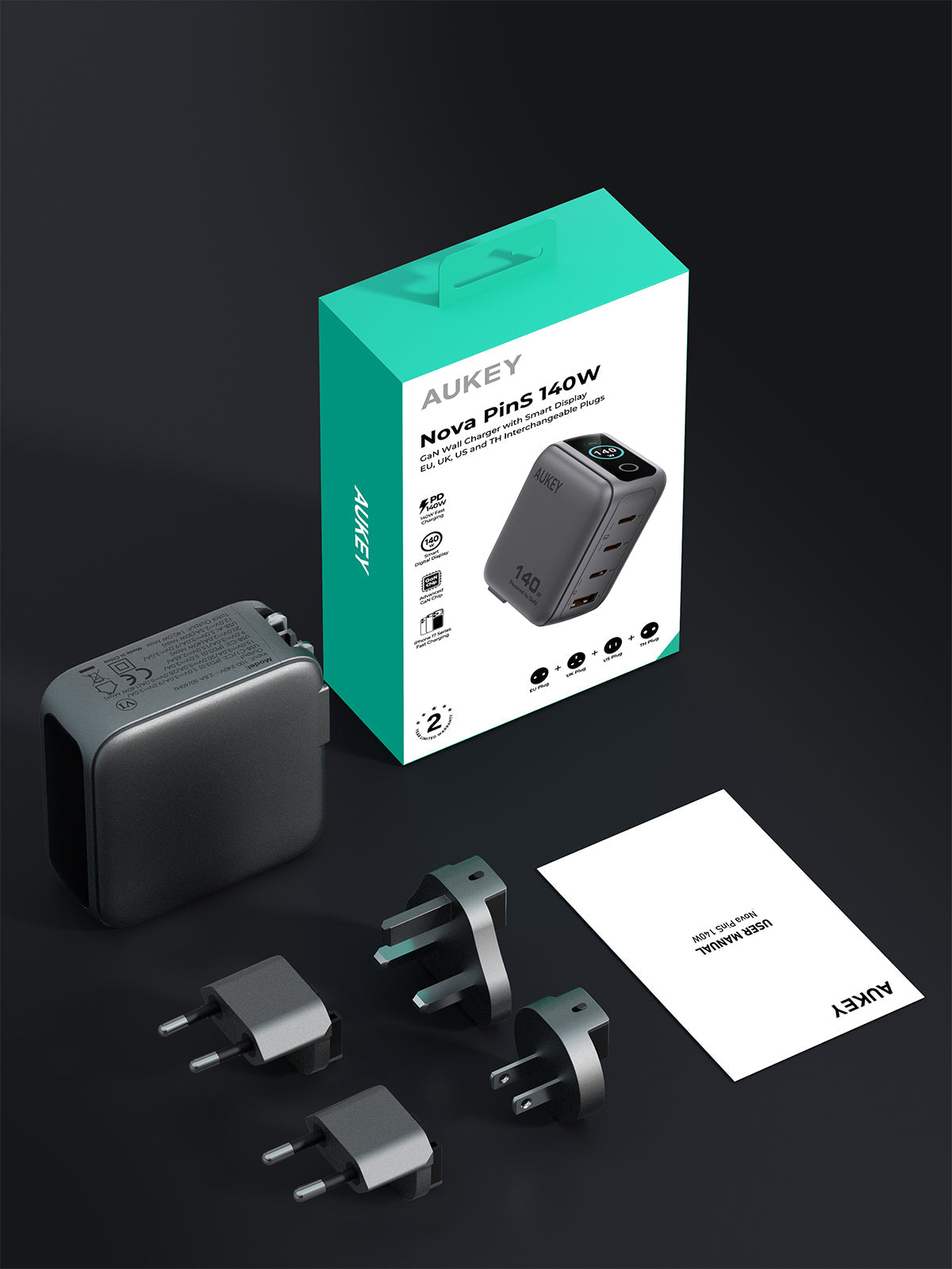 Aukey PA-B10U 140W GaN Wall Charger Smart Display EU UK US TH Interchangeable Plugs