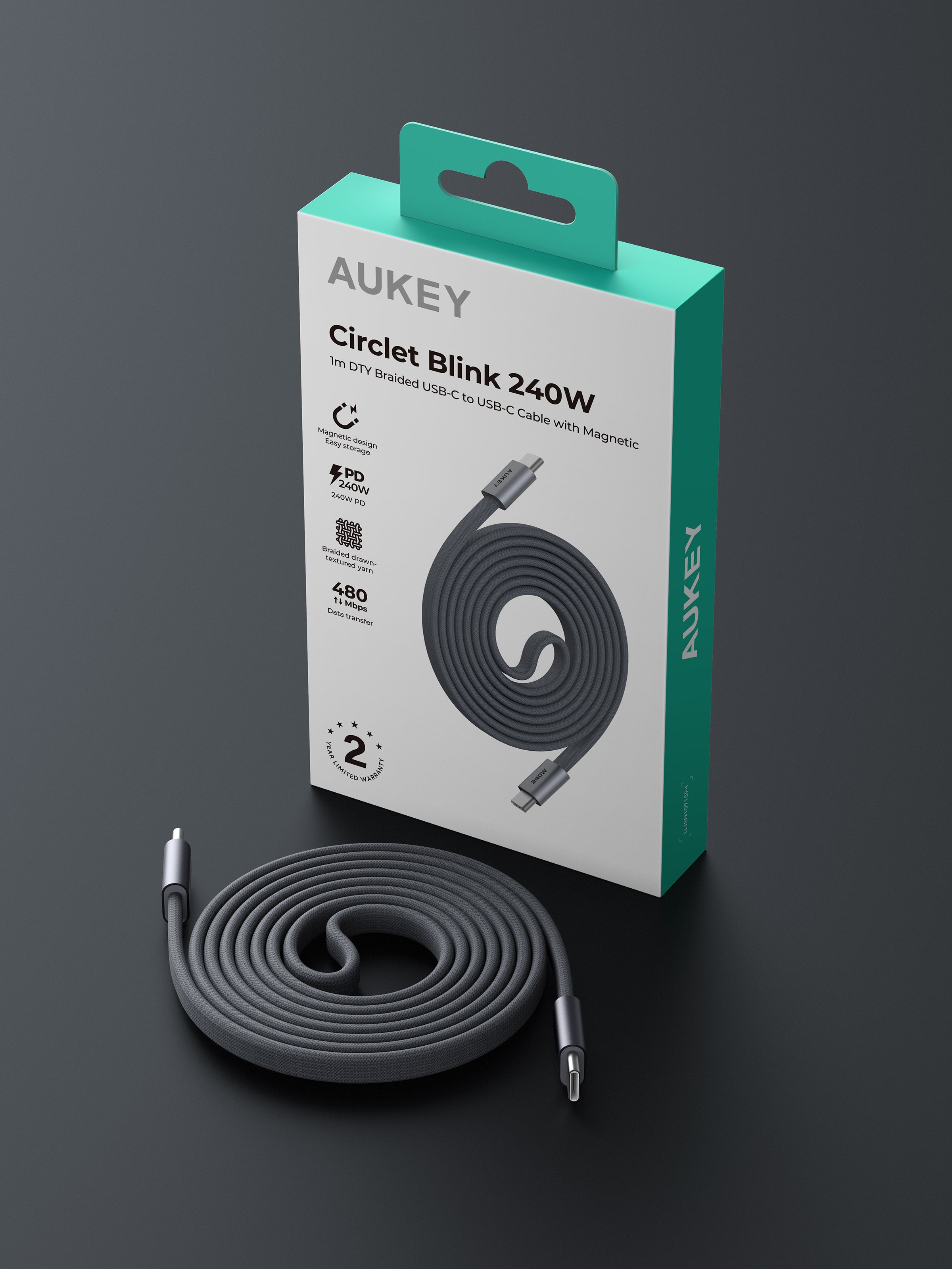 Aukey CB-DCC251 Circlet Blink 240W 1m DTY Braided USB-C to USB-C Magnetic Cable
