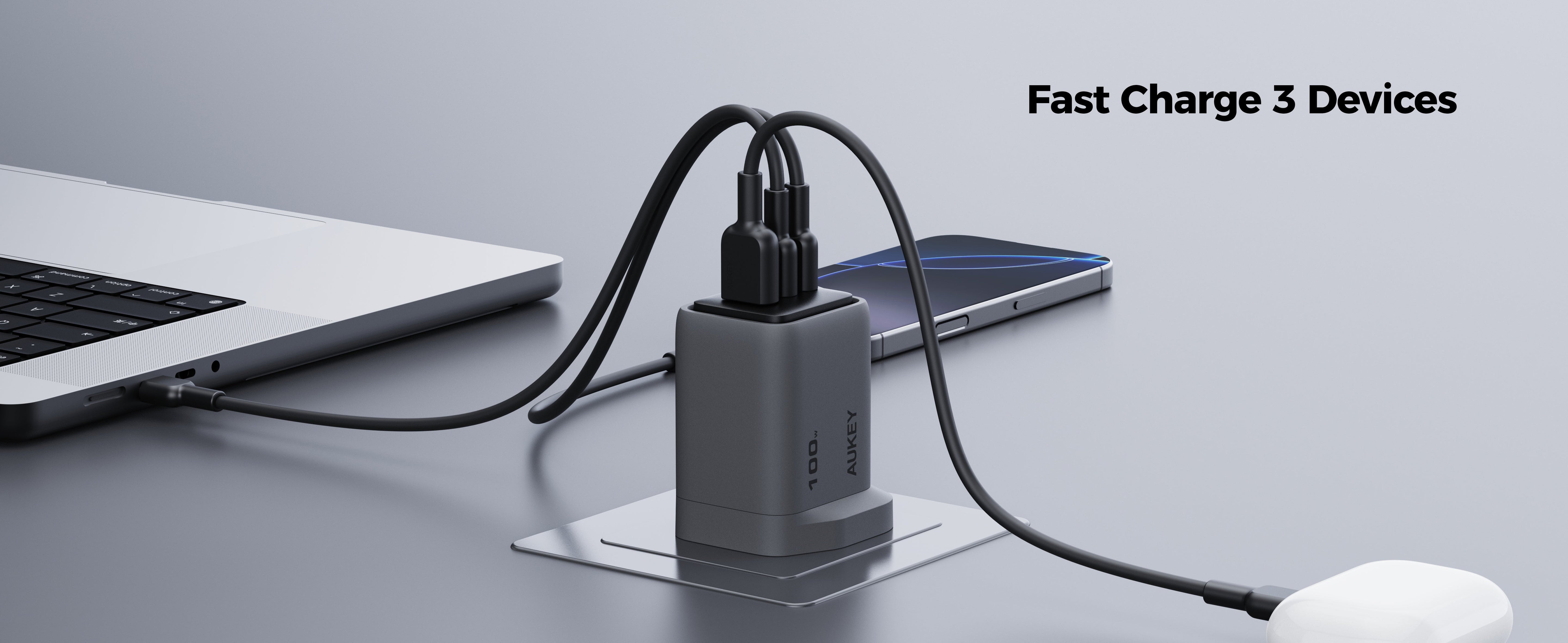 AUKEY PA-C5 Comet Mix 3 100W PD 3-Port GaN Wall Charger with PPS for Laptop & Mobile
