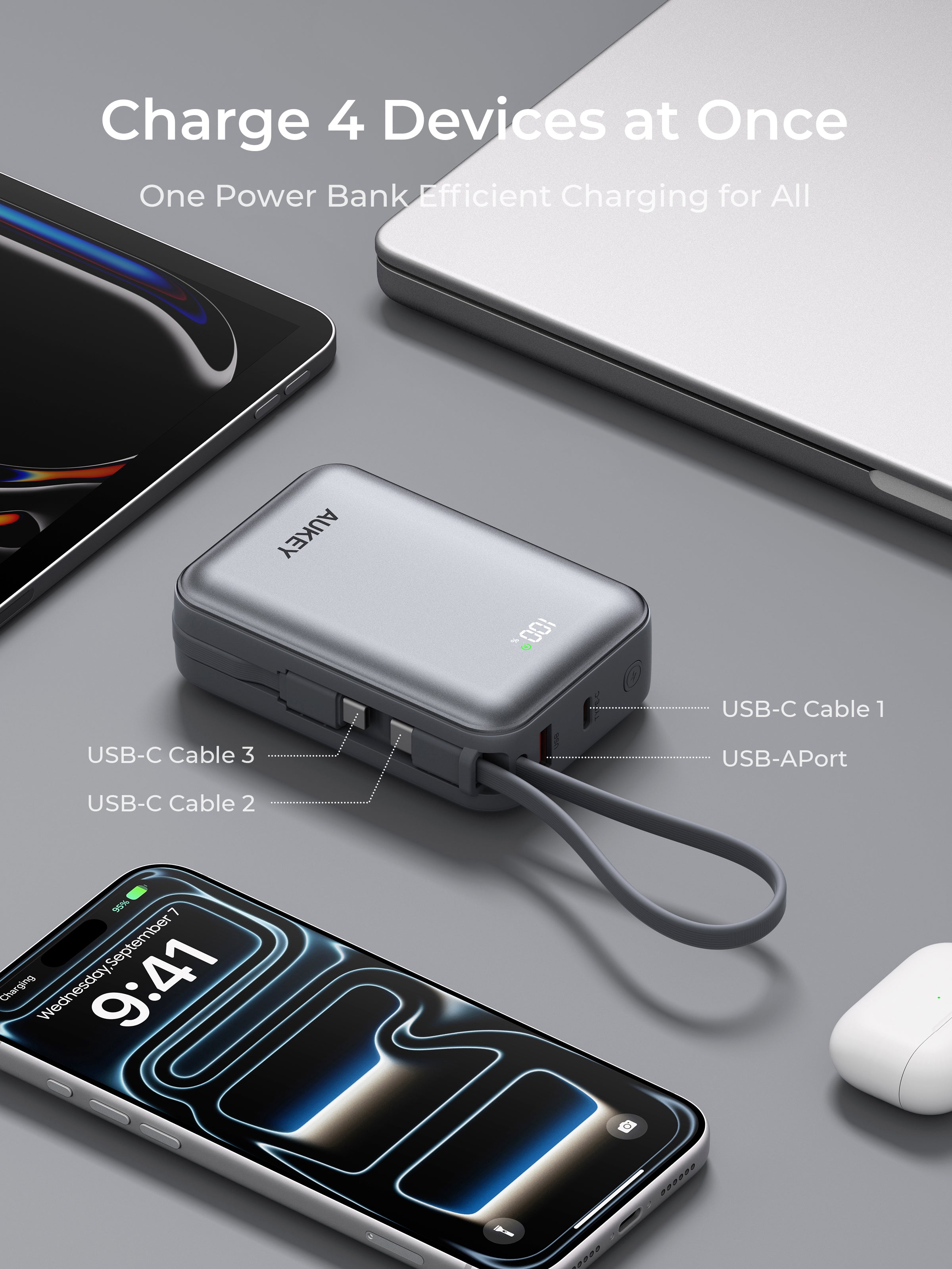 Aukey PB-Y92 Swivel Mini 20000mAh 35W Power Bank with Dual Built-in USB-C Cables