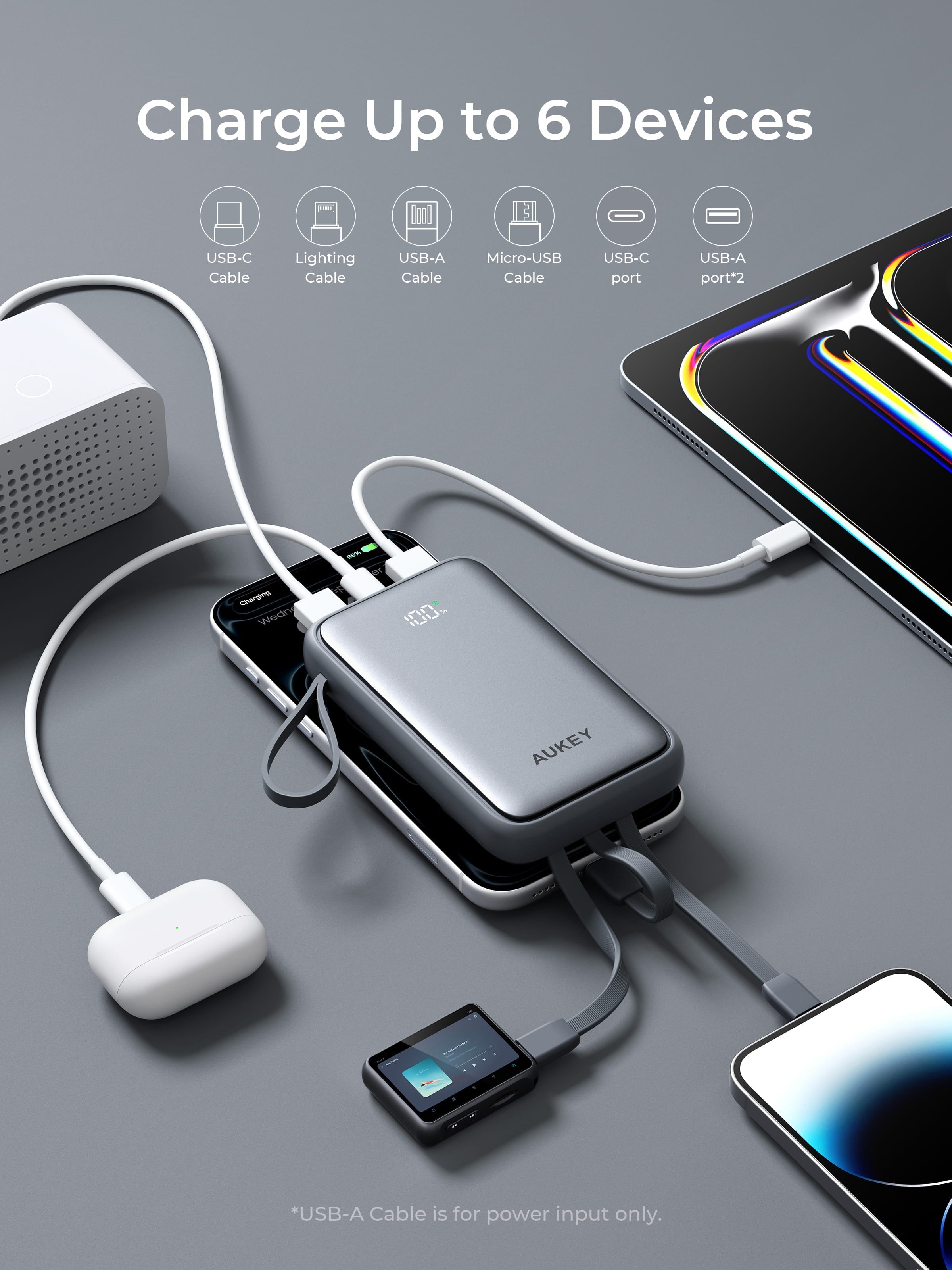 Aukey PB-Y95 Swivel Quad 10000mAh Fast Charging Powerbank with 4 Built-in Cables