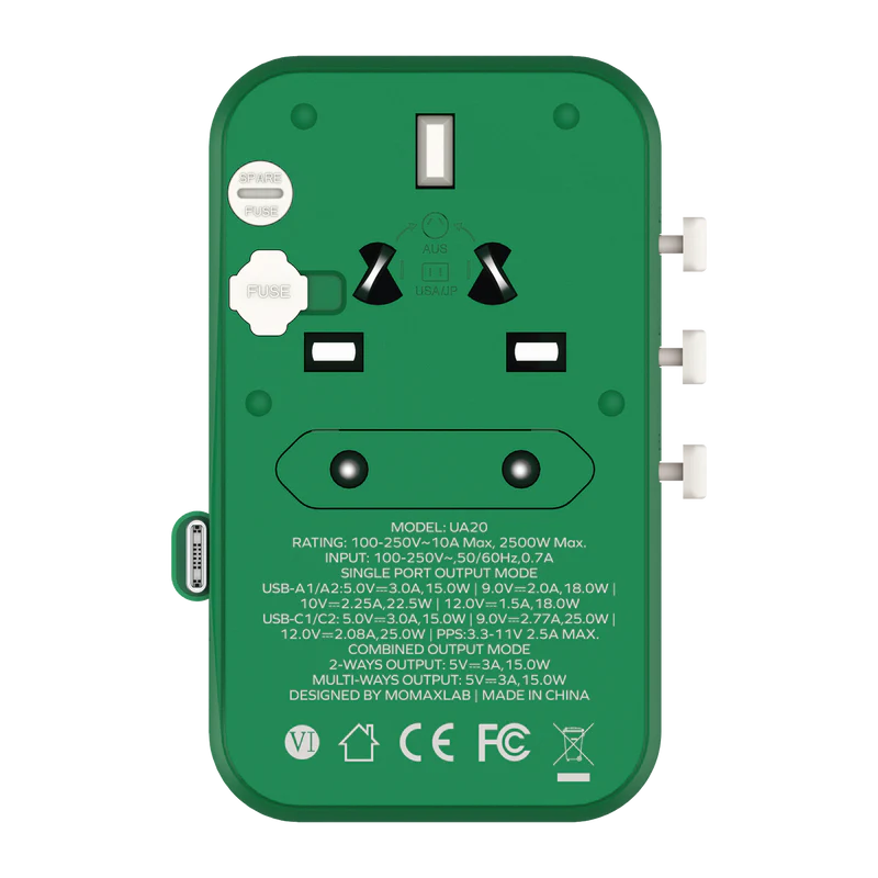 Momax UA20 1-World+ 25W 3-Port AC Travel Adapter w/ Built-in USB-C Cable