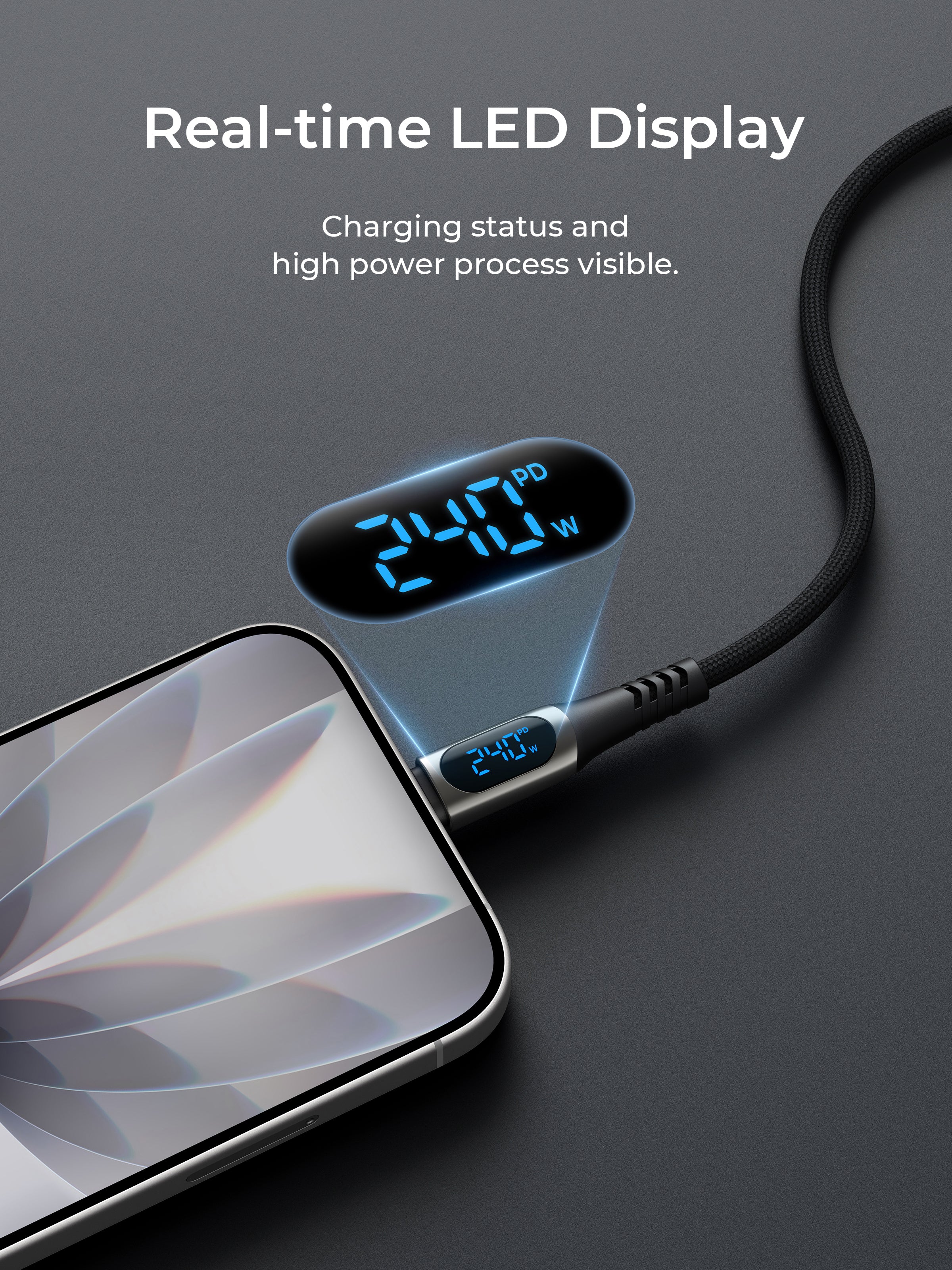 Aukey CB-DCC244 Impulse 240W 2m Fast Charging Fast Data Transfer DTY Braided USB-C to USB-C Cable with Built in LCD Display