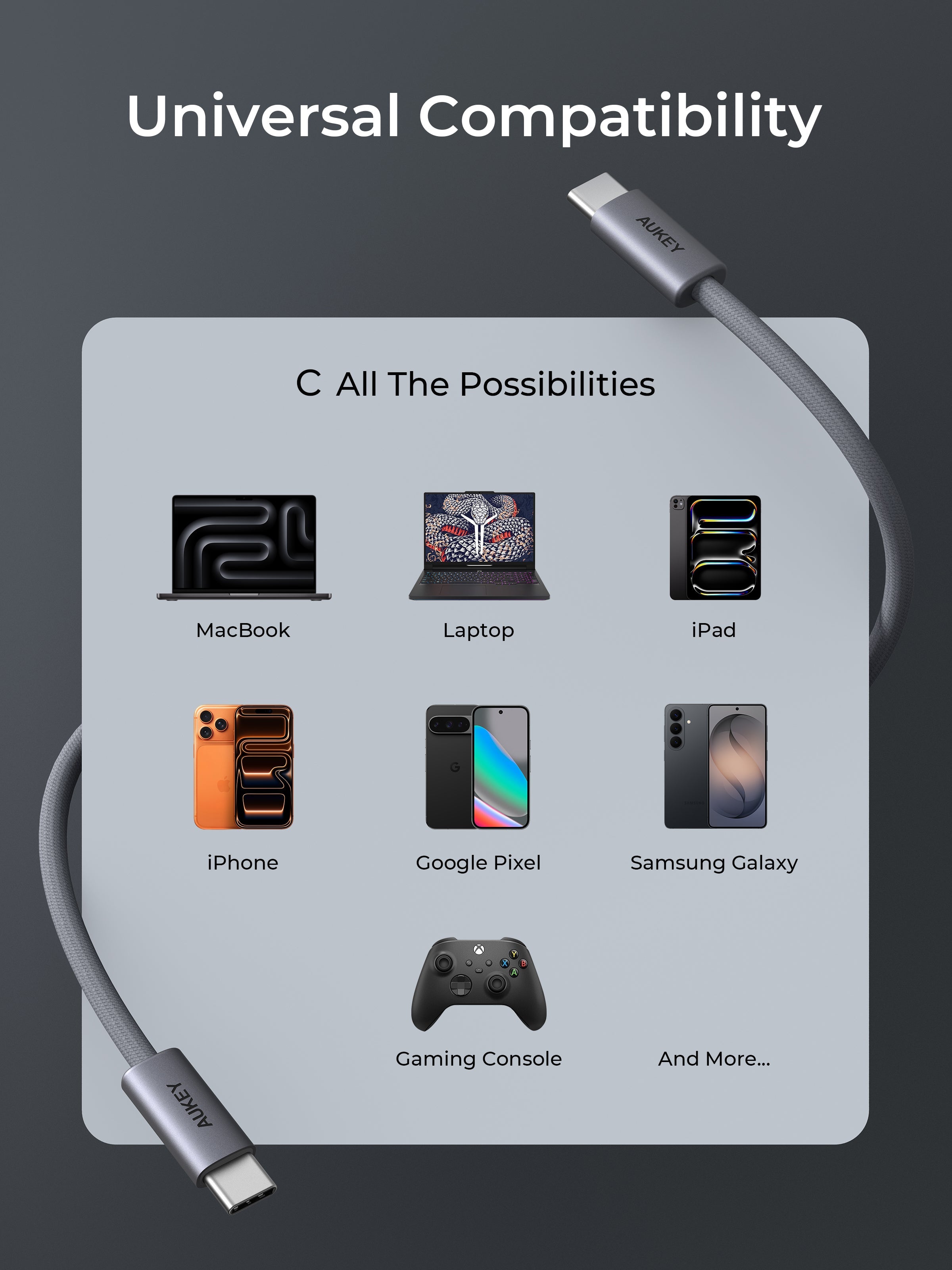 Aukey CB-DCC141 / CB-DCC142 CB-Circlet Blink 140W 1m/2m 2-in-1 DTY Braided USB-C to USB-C Cable