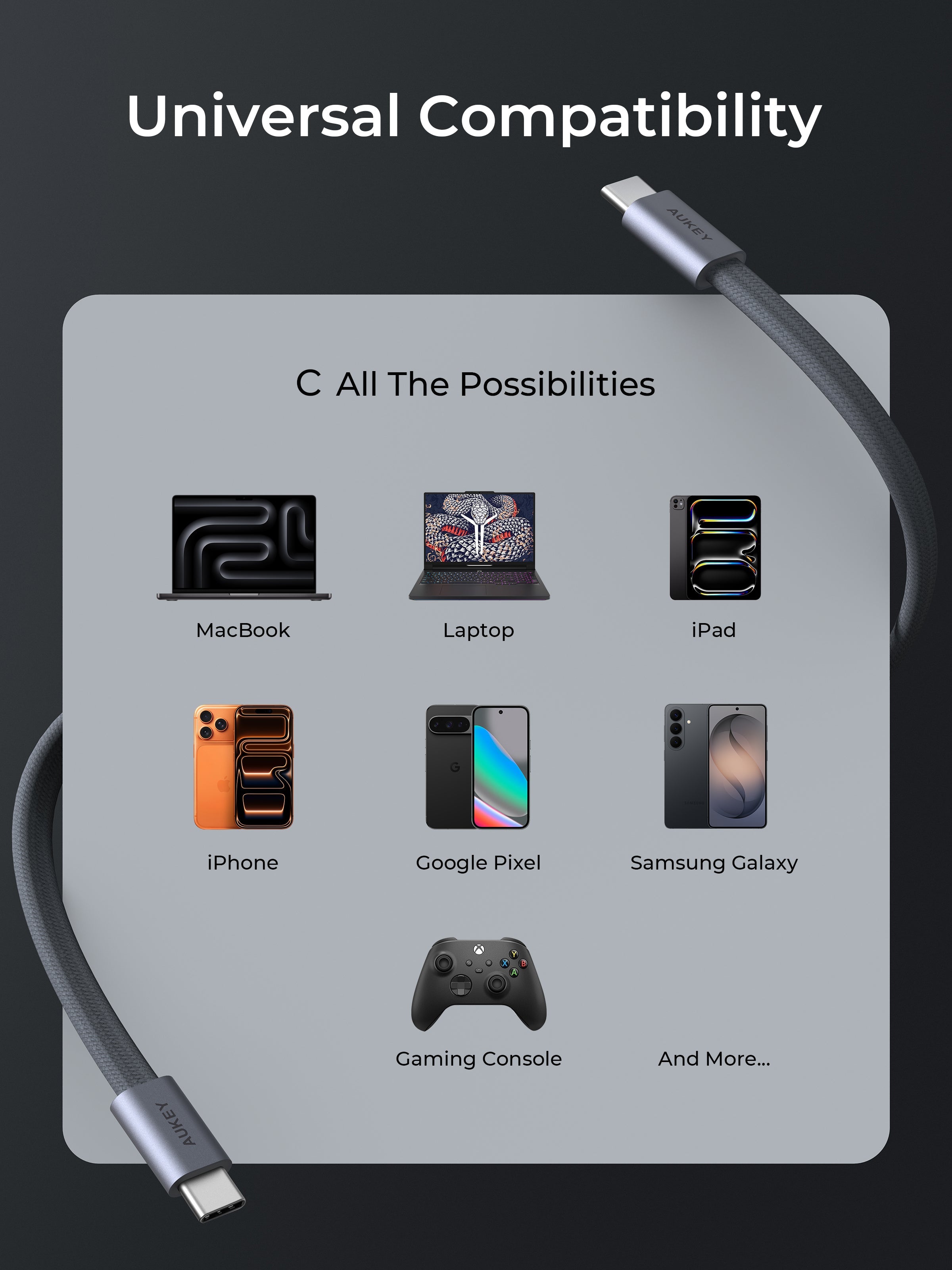Aukey CB-DCC145 Circlet Blink 140W 1m DTY Braided USB-C to USB-C Magnetic Cable