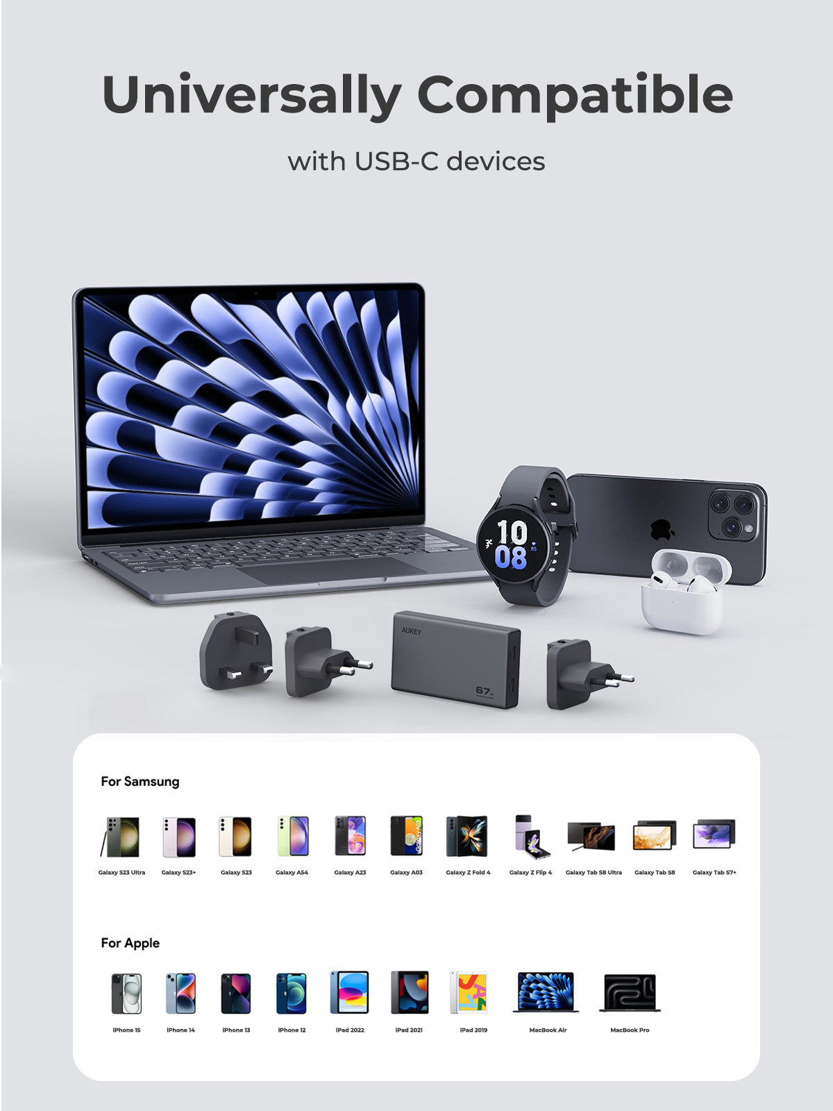 Aukey PA-C4 Comet Slim 67W GaN PD Wall Charger w/ EU UK TH Interchangeable Plugs