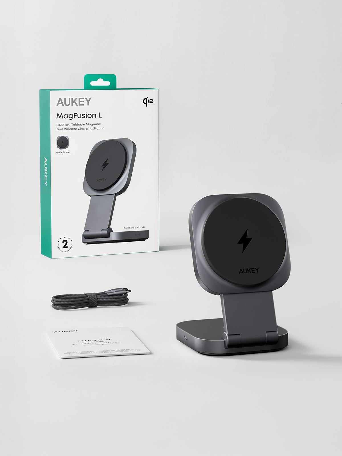Aukey LC-MC211 MagFusion L 2-in-1 Foldable Qi2 Magnetic Fast Wireless Charging Station