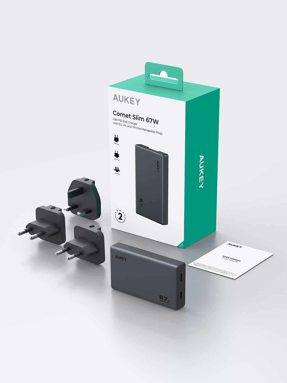 Aukey PA-C4 Comet Slim 67W GaN PD Wall Charger w/ EU UK TH Interchangeable Plugs