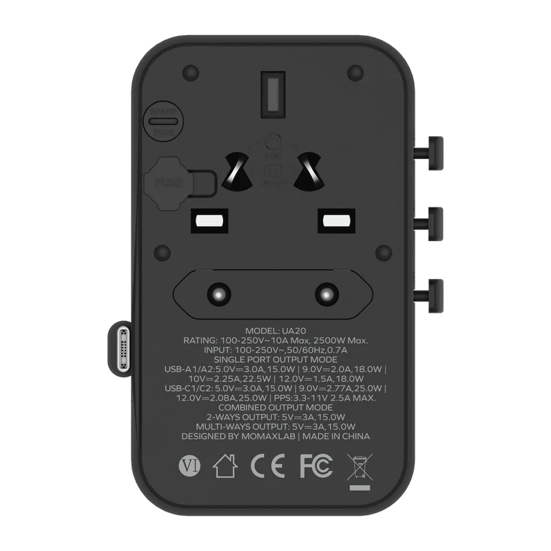 Momax UA20 1-World+ 25W 3-Port AC Travel Adapter w/ Built-in USB-C Cable