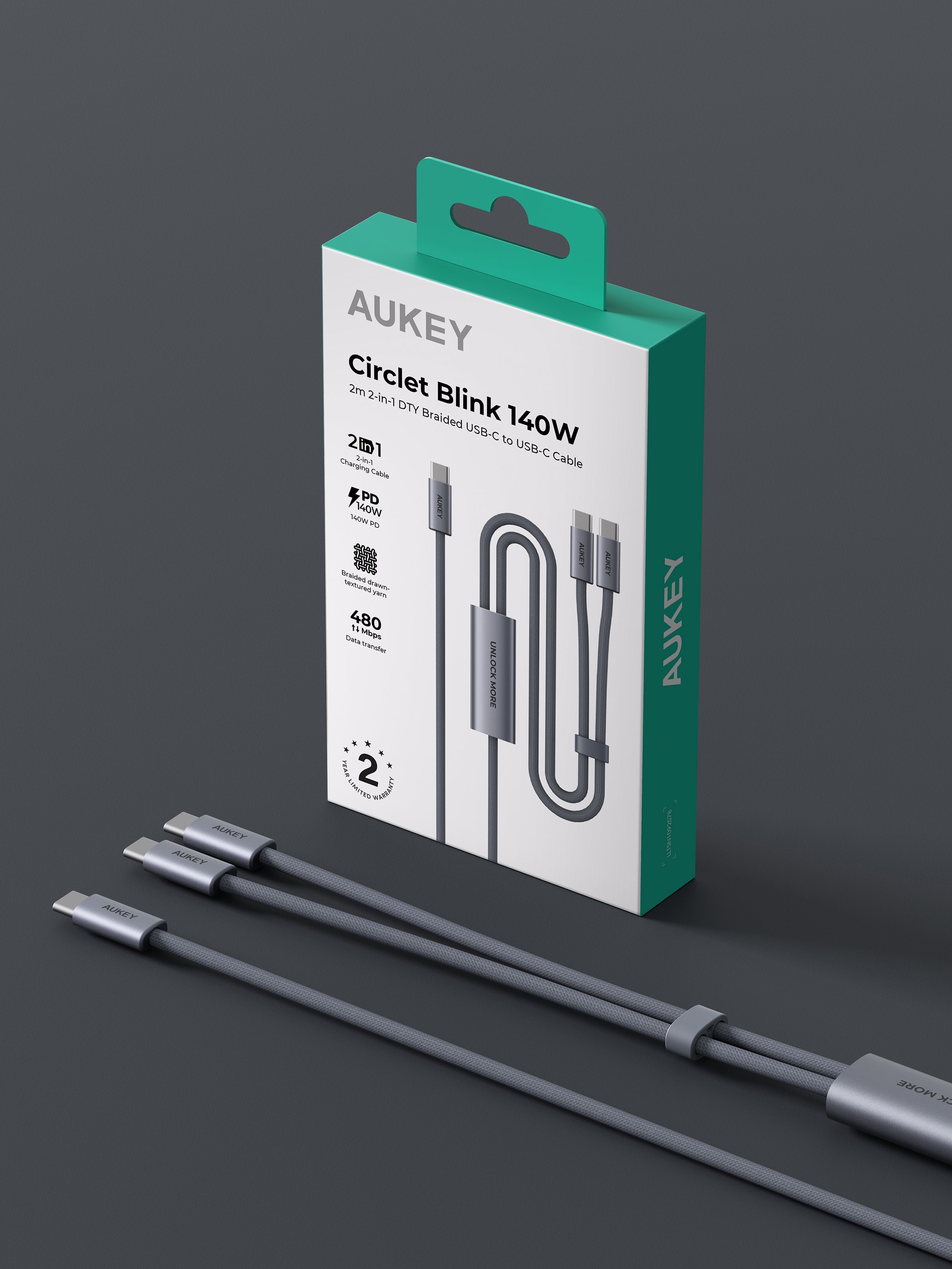 Aukey CB-DCC141 / CB-DCC142 CB-Circlet Blink 140W 1m/2m 2-in-1 DTY Braided USB-C to USB-C Cable