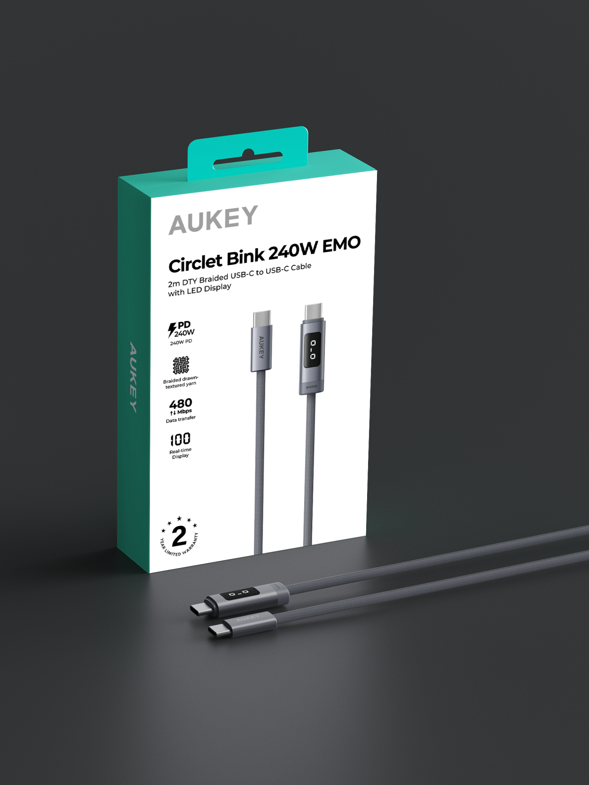 Aukey CB-DCC245 / CB-DCC246 Circlet Bink 240W EMO 1m / 2m DTY Braided USB-C to USB-C Cable w/ LED Display