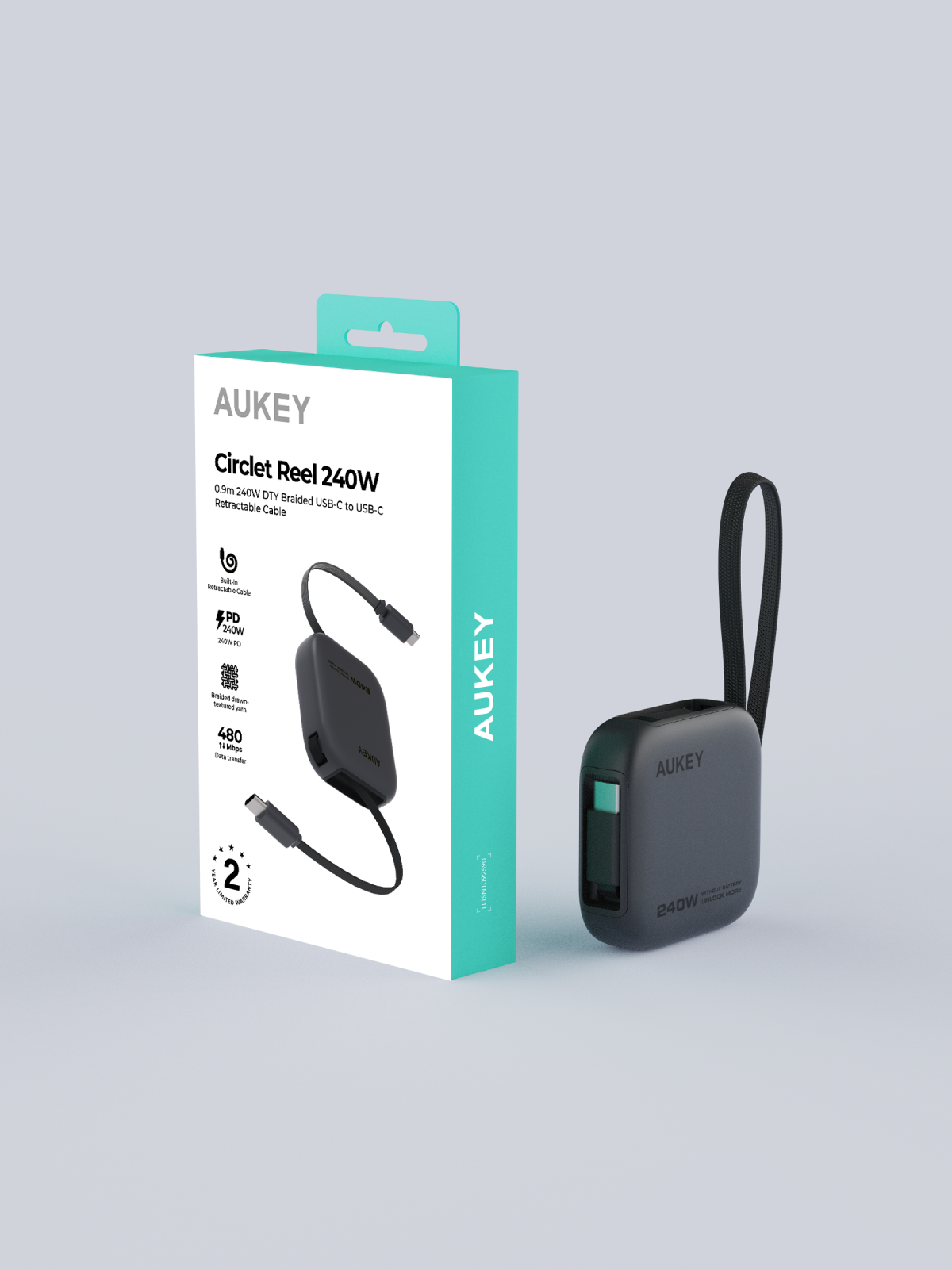 Aukey CB-DCC247 Circlet Reel 240W 0.9m DTY Braided USB-C to USB-C Retractable Cable