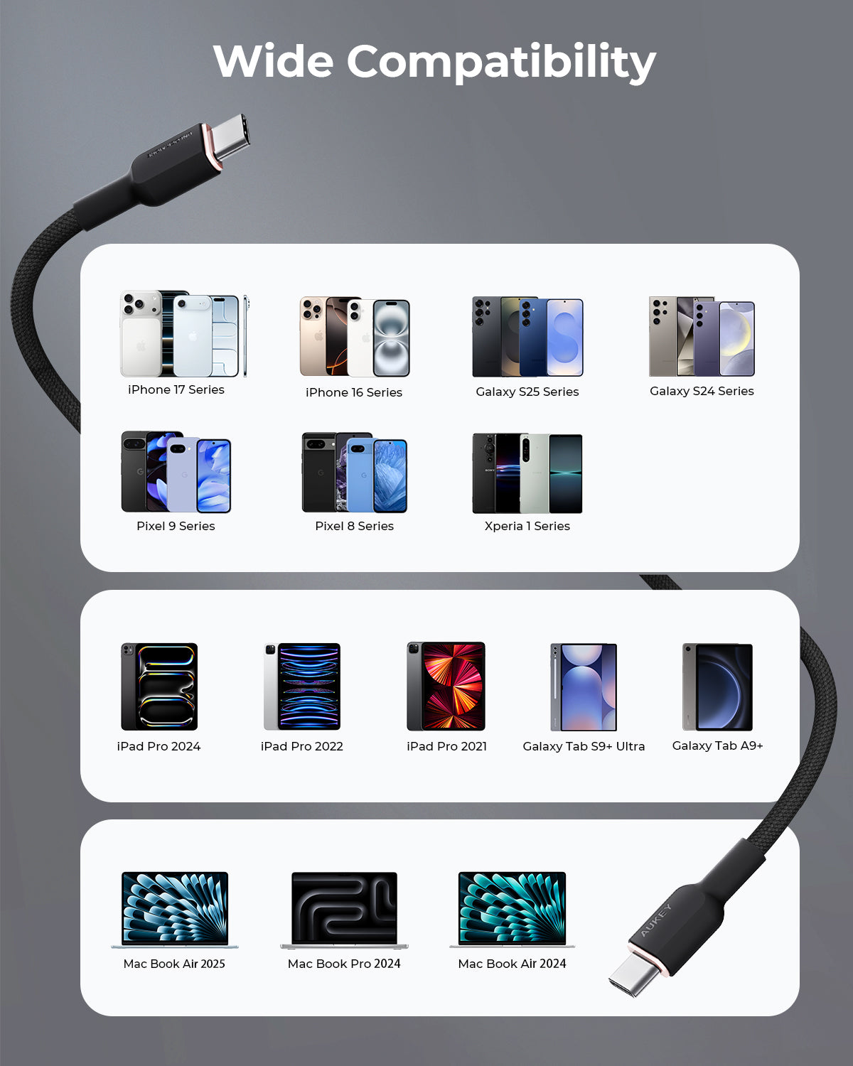 AUKEY CB-DCC67 60W Circlet CC Fast Charging Fast Data Transfer USB-C to USB-C 1m DTY Braided Cable