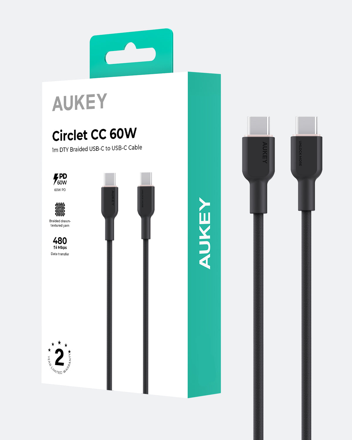 AUKEY CB-DCC67 60W Circlet CC Fast Charging Fast Data Transfer USB-C to USB-C 1m DTY Braided Cable
