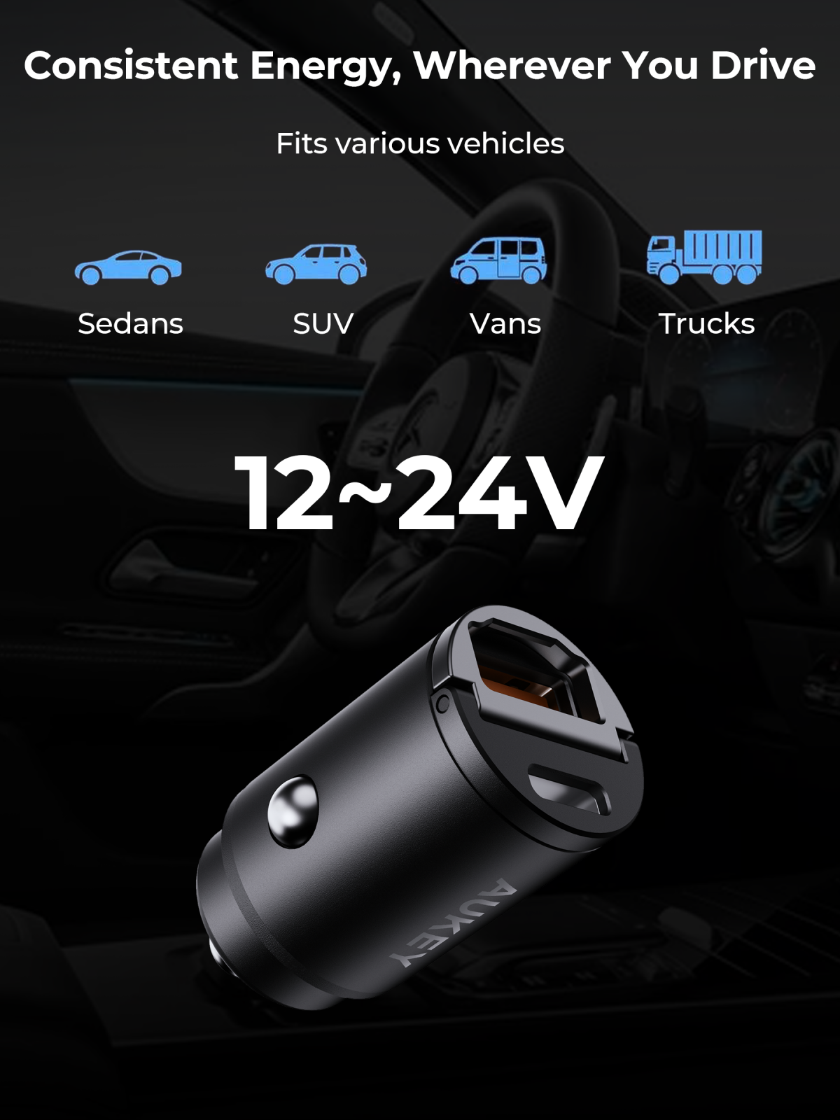Aukey CC-A3P Enduro Nano AC 65W 2-Port Car Charger