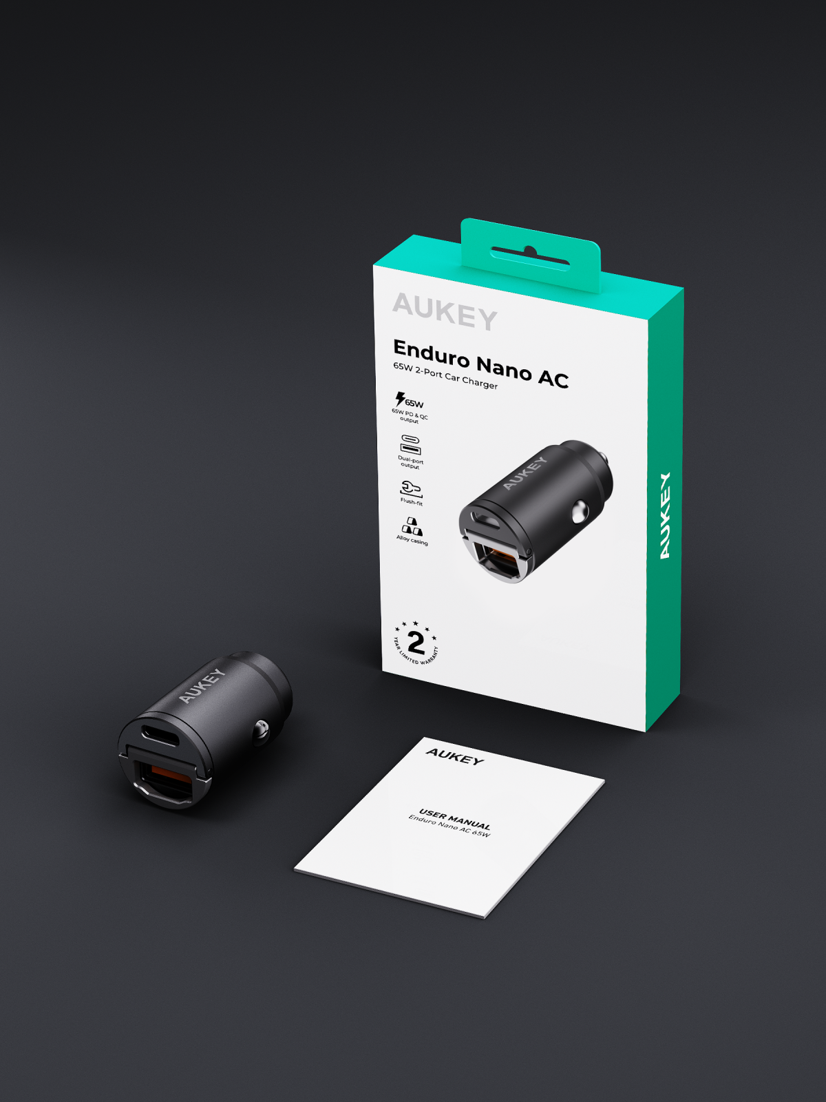 Aukey CC-A3P Enduro Nano AC 65W 2-Port Car Charger
