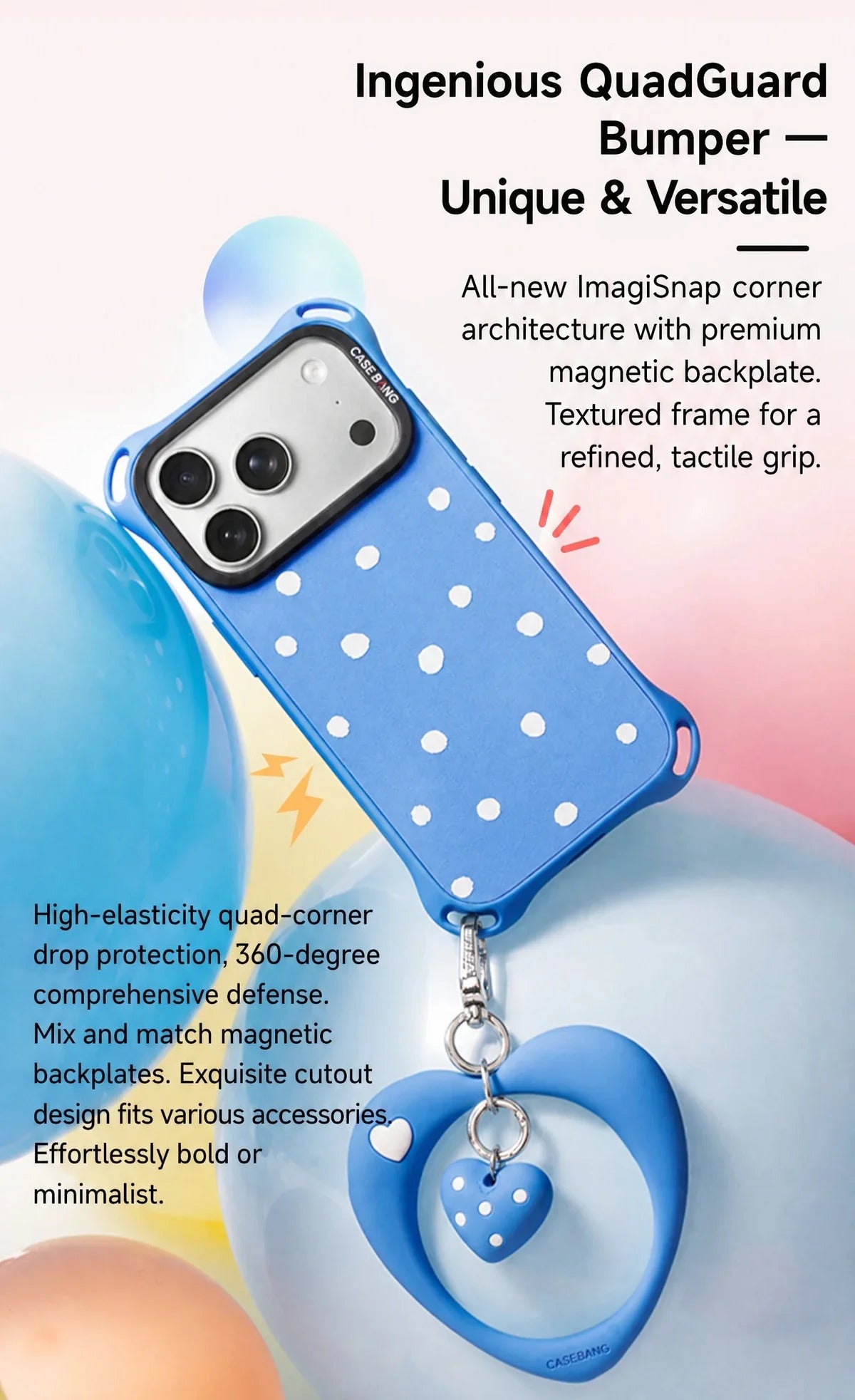 CASEBANG QuadGuard ImagiSnap Snap-On Base Case for iPhone 17-16 Series - Polka Dots | Base Case + Snap-On Cover set