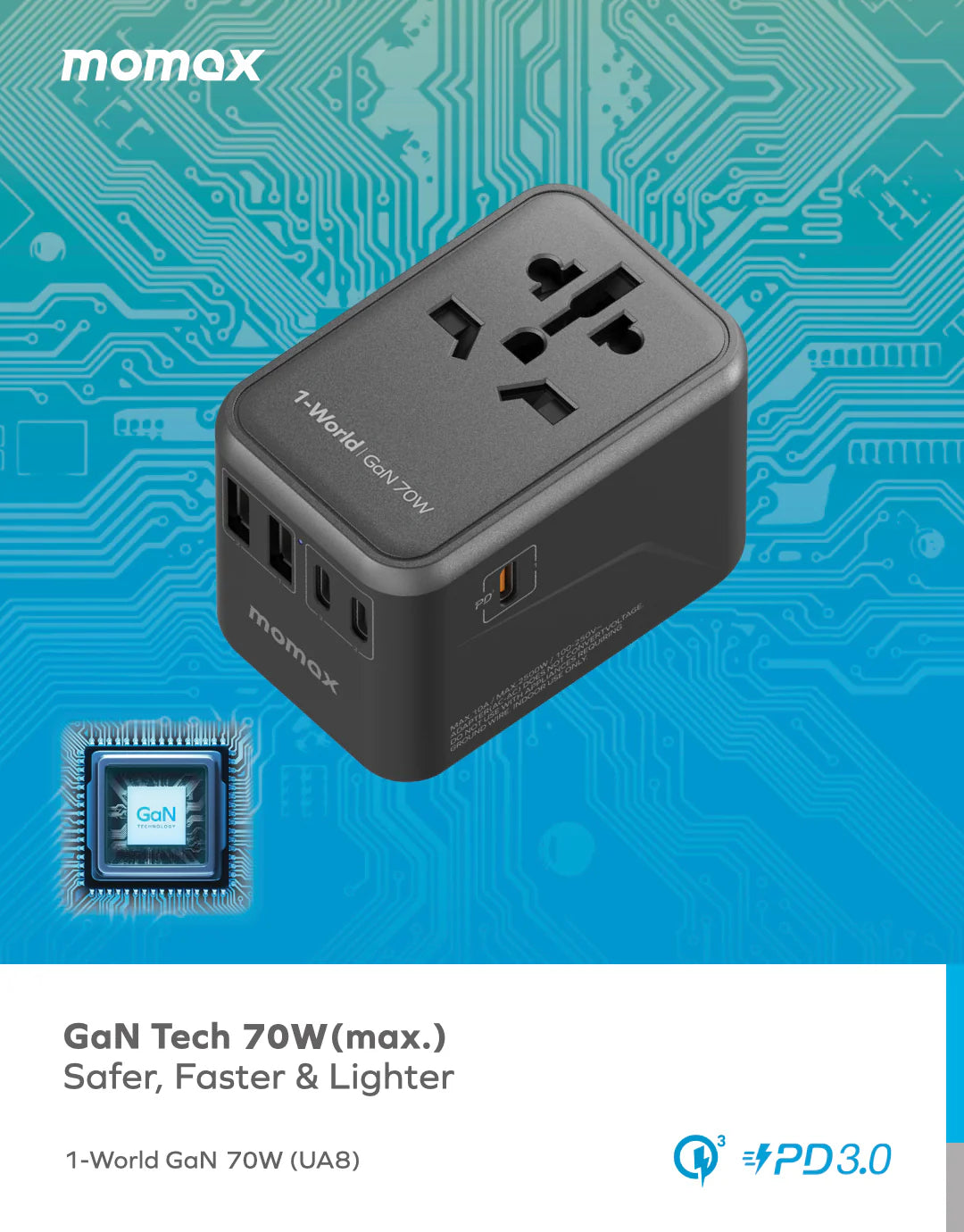 Momax UA8 1-World 65W GaN 5 Ports + AC Travel Adaptor