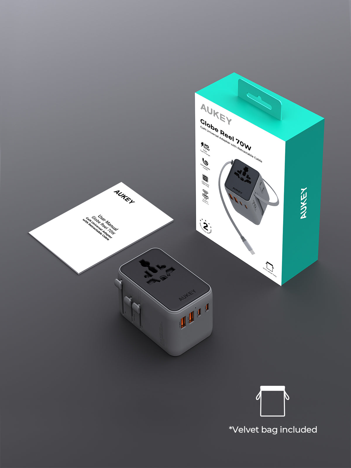 Aukey PA-TA14 Globe Reel 70W GaN Universal Adapter with Retractable Cable