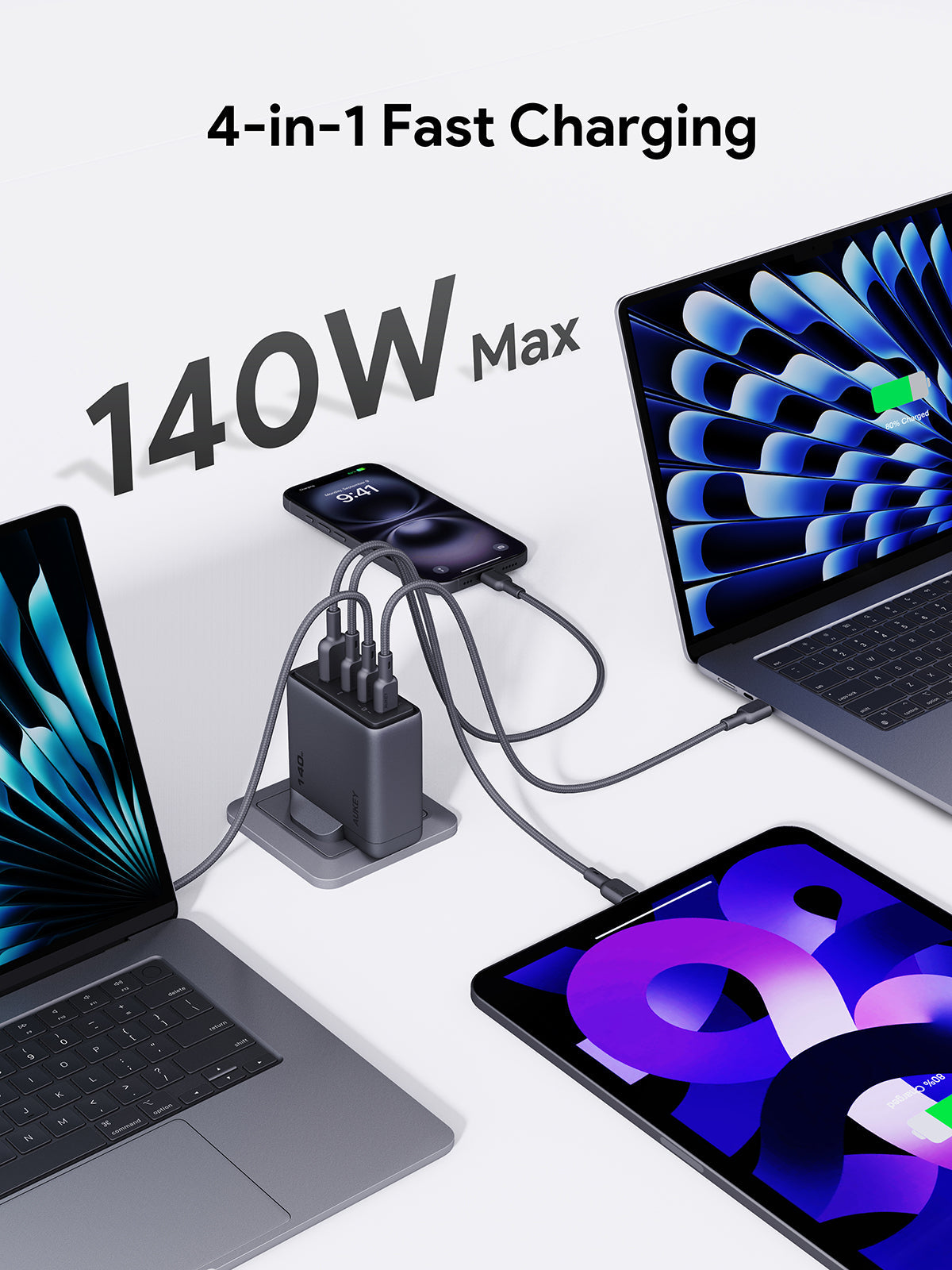 Aukey PA-C6 Comet Mix 4 140W PD 4-Port GaN Wall Charger with PPS for Laptop & Mobile