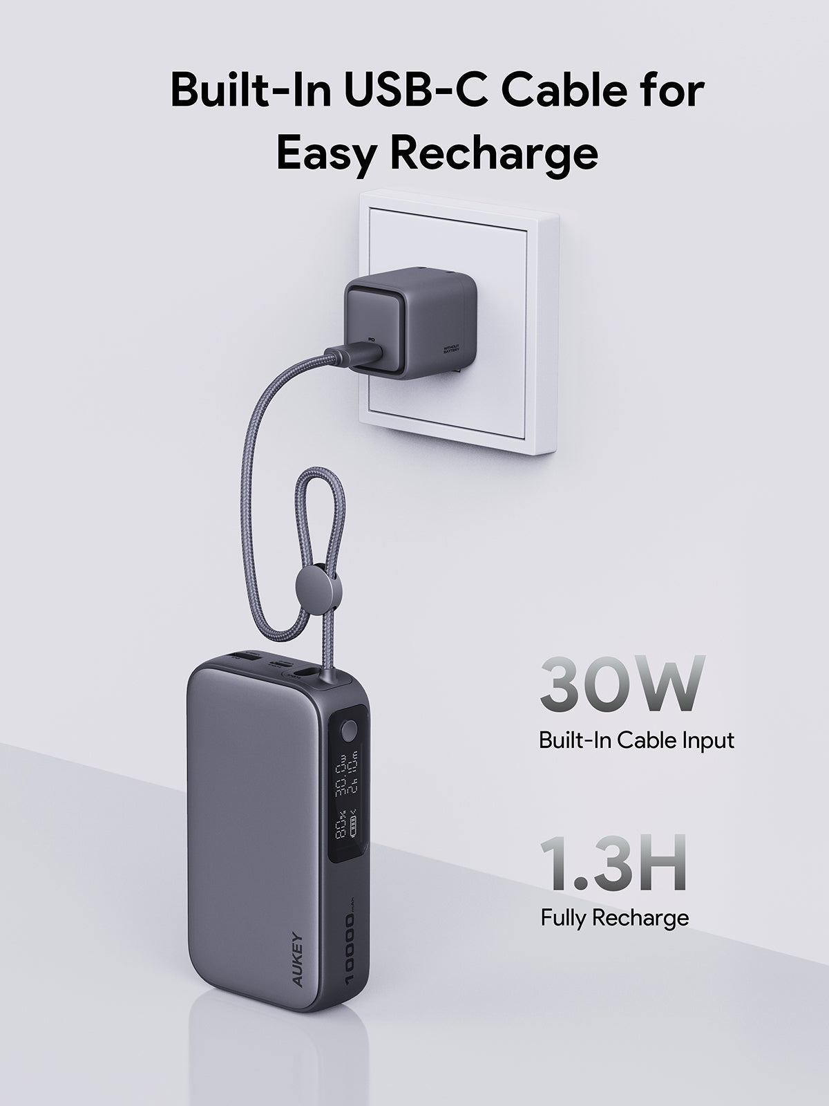 Aukey PB-Y47 Spark Sling 10000mAh Compact Fast Charging PB with Built-in USB-C Cable