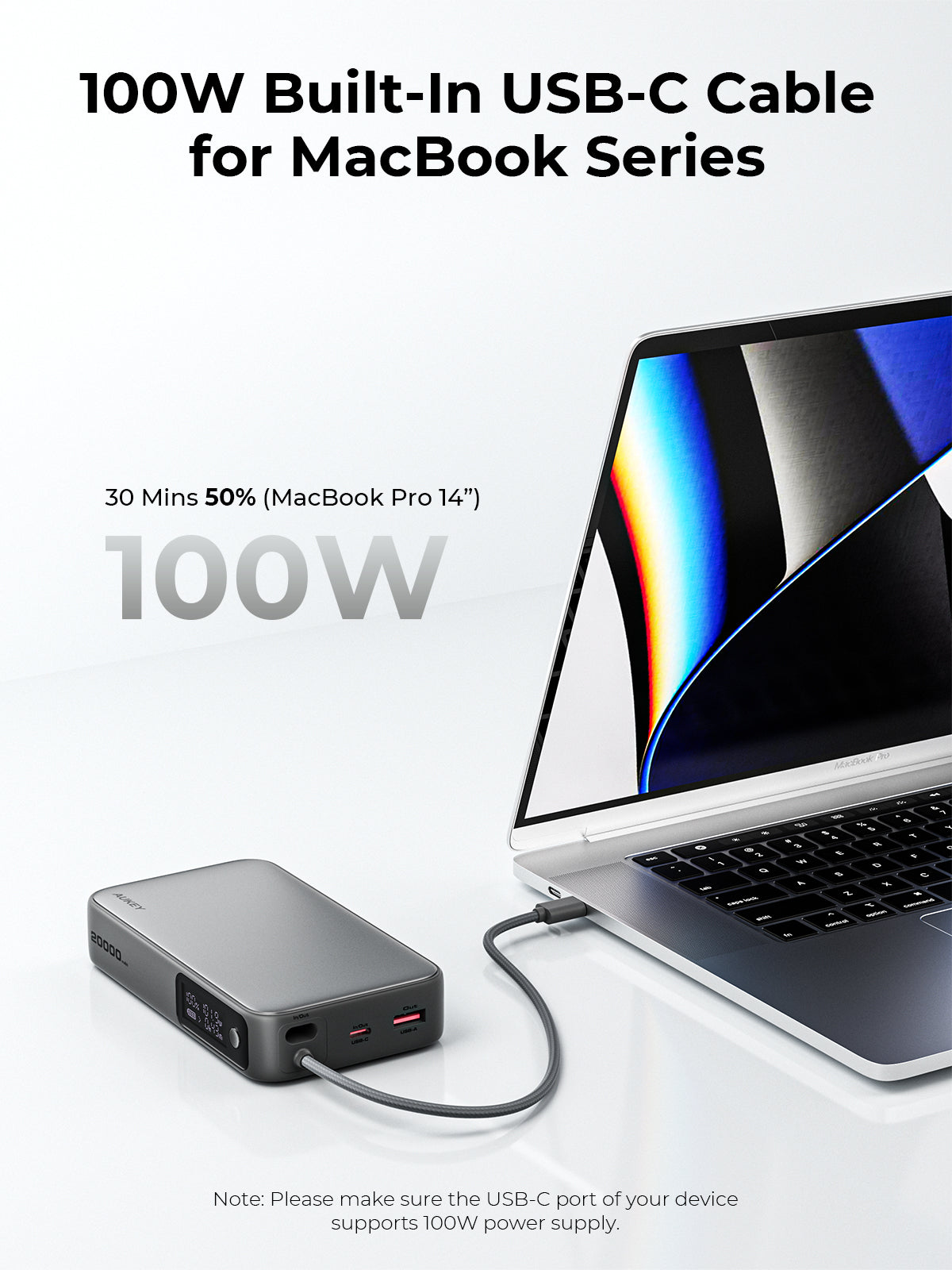 Aukey PB-Y48 Spark Sling 100W 20000mAh Compact Fast Charging PB Built-in USB-C Cable