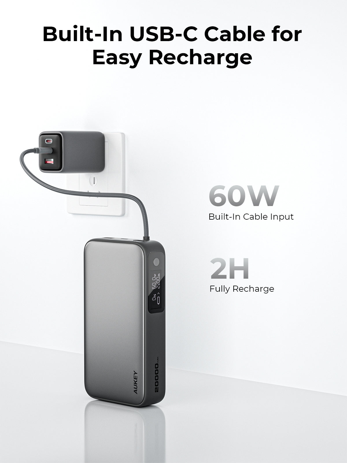 Aukey PB-Y48 Spark Sling 100W 20000mAh Compact Fast Charging PB Built-in USB-C Cable