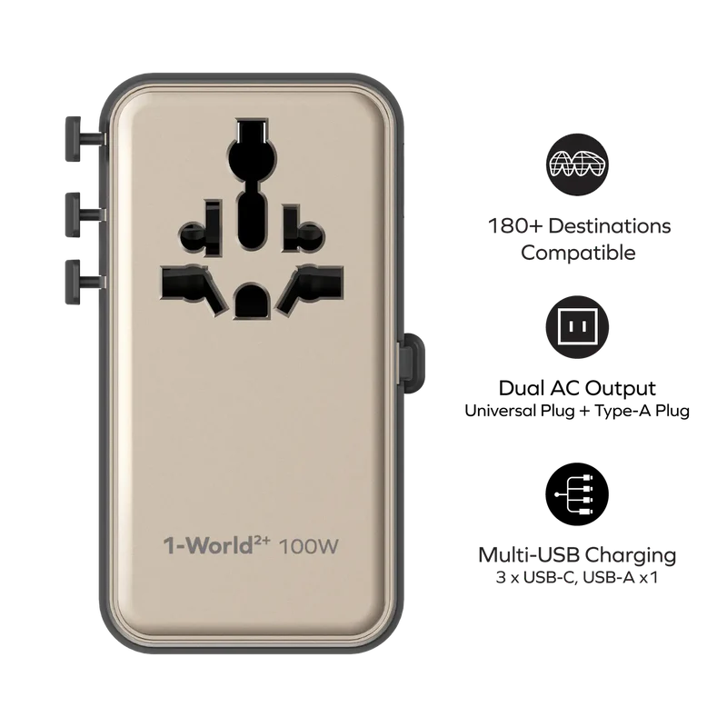 Momax UA25 1-World2+ 100W 4-Port Dual AC Travel Adapter w/ Built-in Retractable Cable