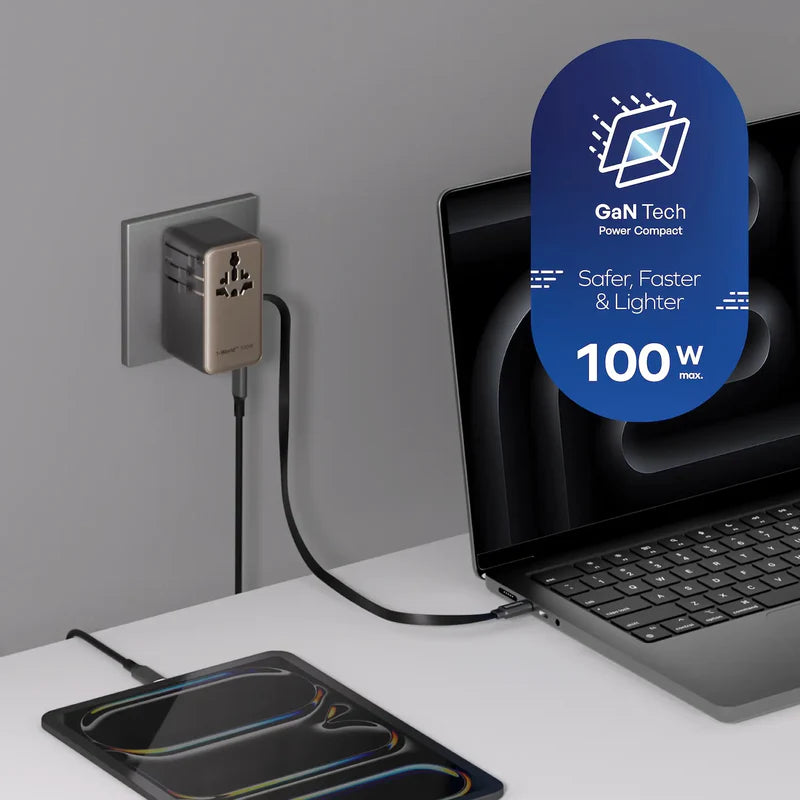 Momax UA25 1-World2+ 100W 4-Port Dual AC Travel Adapter w/ Built-in Retractable Cable