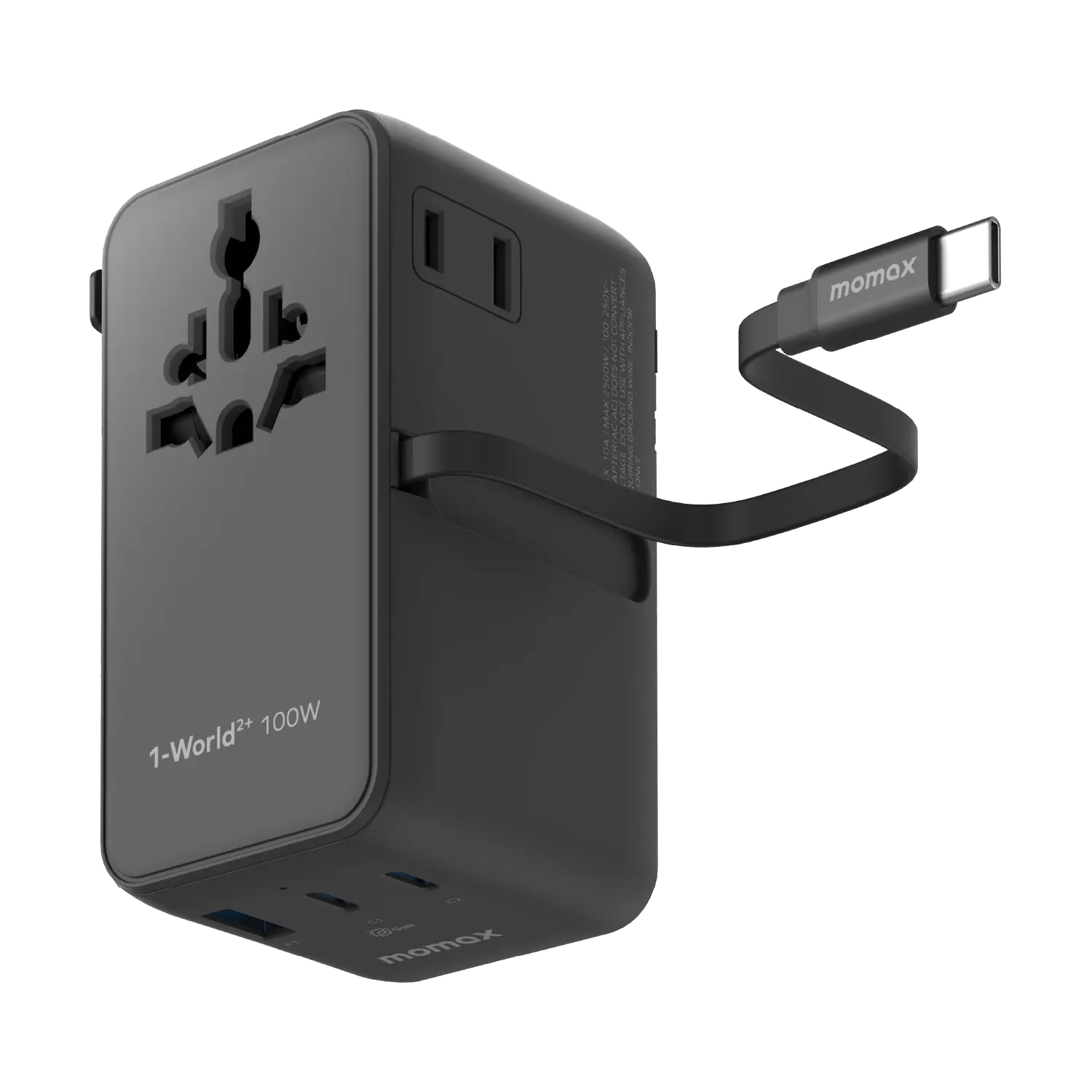 Momax UA25 1-World2+ 100W 4-Port Dual AC Travel Adapter w/ Built-in Retractable Cable