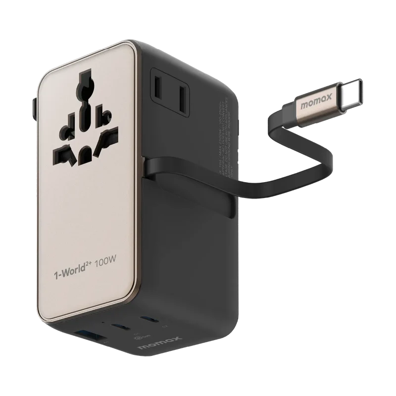 Momax UA25 1-World2+ 100W 4-Port Dual AC Travel Adapter w/ Built-in Retractable Cable