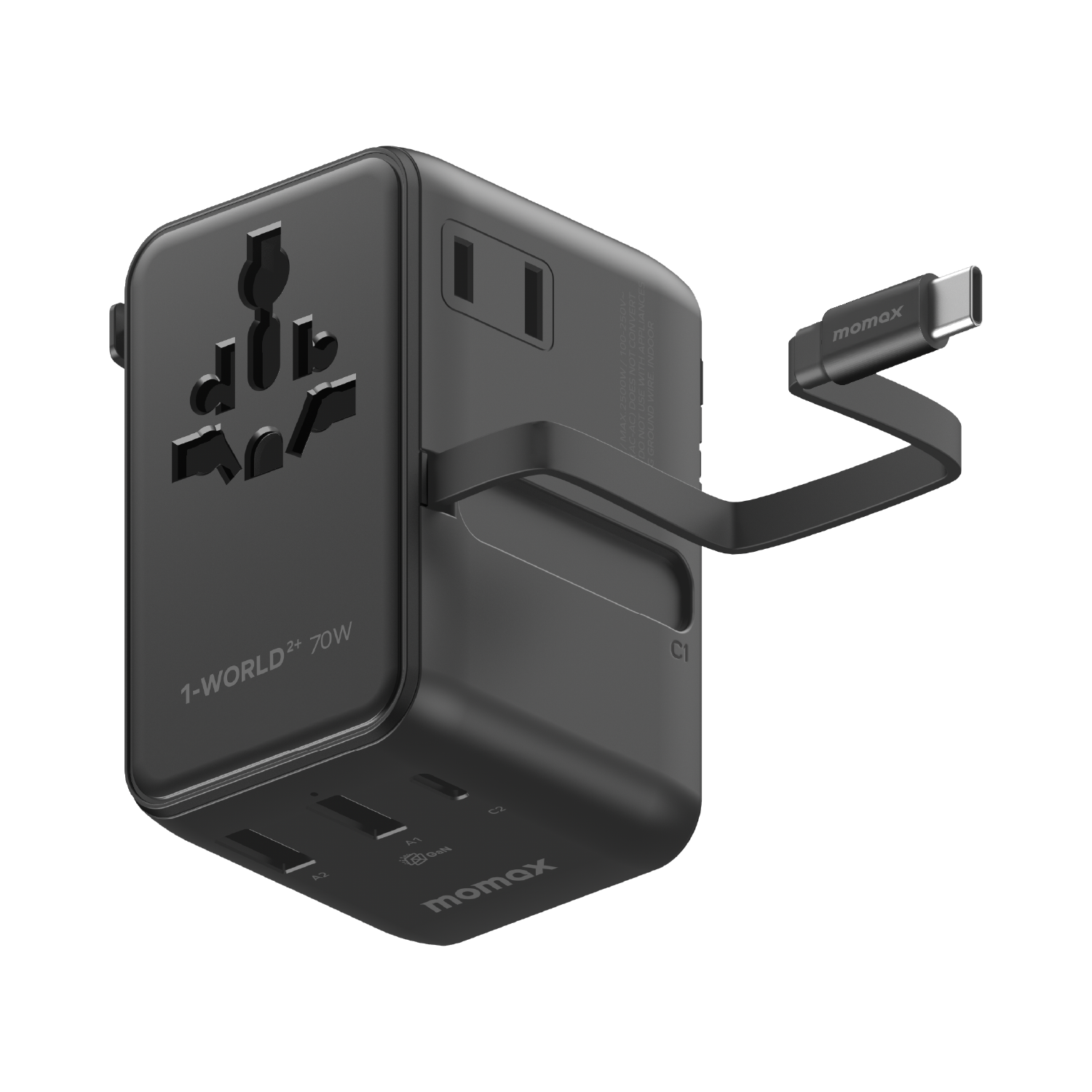 Momax UA30 1-World2+ 70W 3-Port Dual AC Travel Adaptor with Built-in retractable Cable