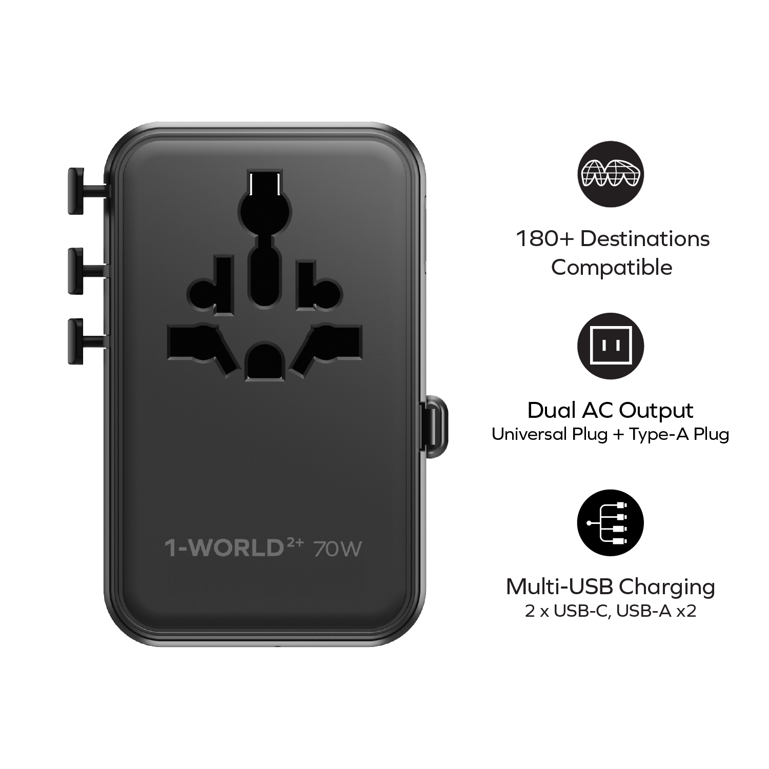 Momax UA30 1-World2+ 70W 3-Port Dual AC Travel Adaptor with Built-in retractable Cable