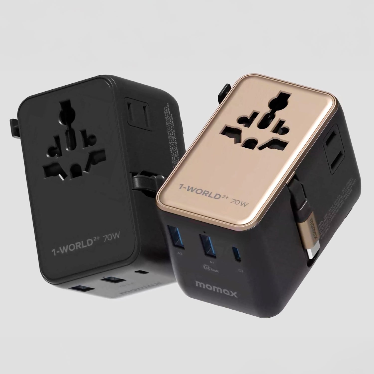 Momax UA30 1-World2+ 70W 3-Port Dual AC Travel Adaptor with Built-in retractable Cable