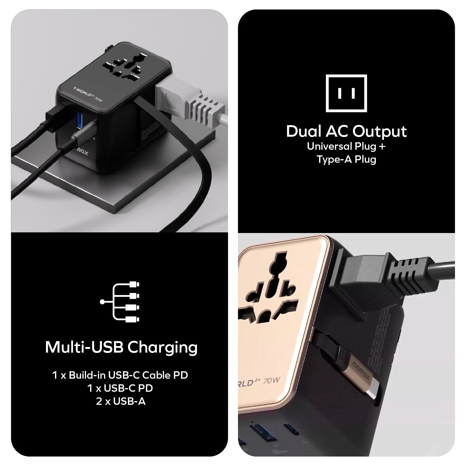 Momax UA30 1-World2+ 70W 3-Port Dual AC Travel Adaptor with Built-in retractable Cable