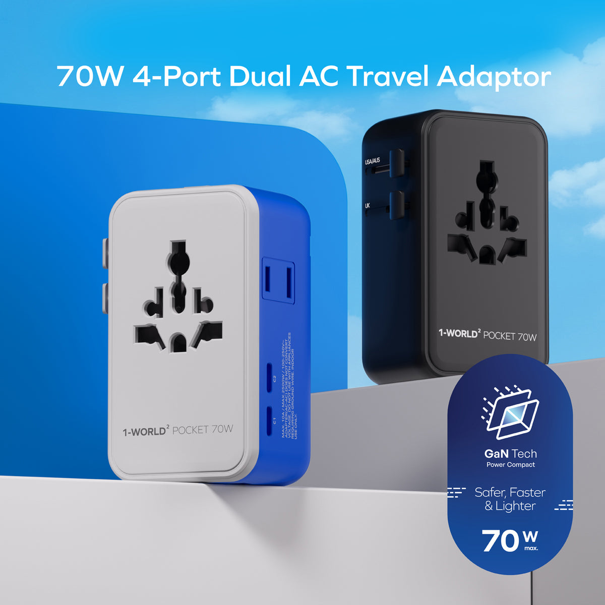 Momax UA36 1-World² Pocket 70W GaN 4-Port Dual AC Travel Adapter