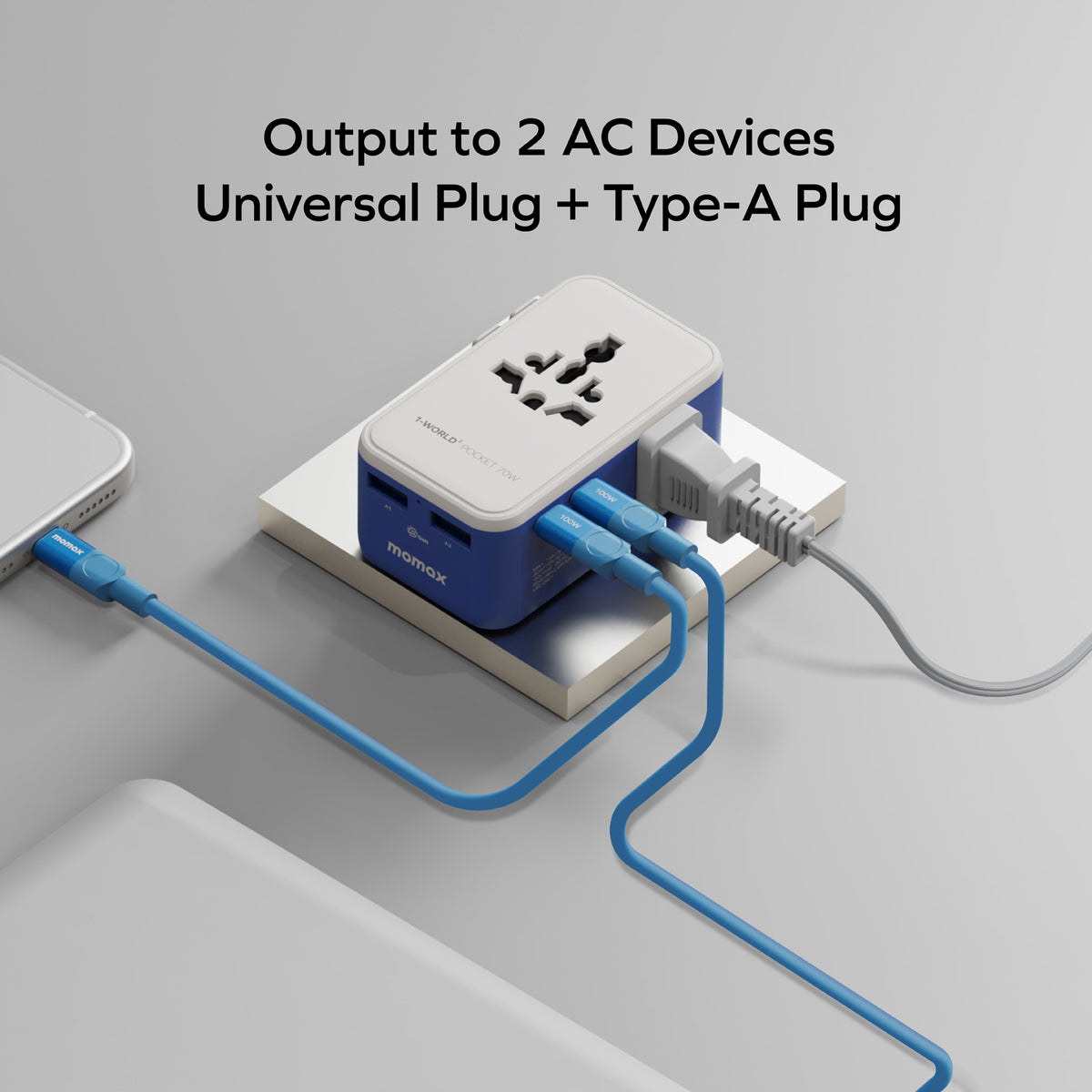Momax UA36 1-World² Pocket 70W GaN 4-Port Dual AC Travel Adapter