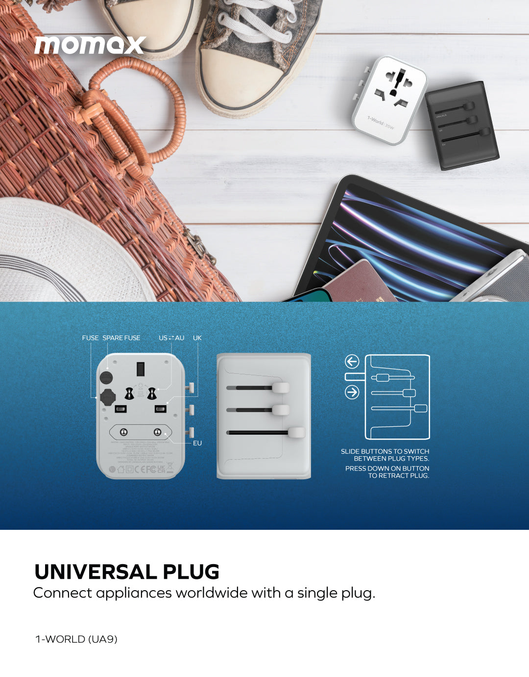 Momax UA9 1-World 35W 5 Ports + AC Travel Adaptor