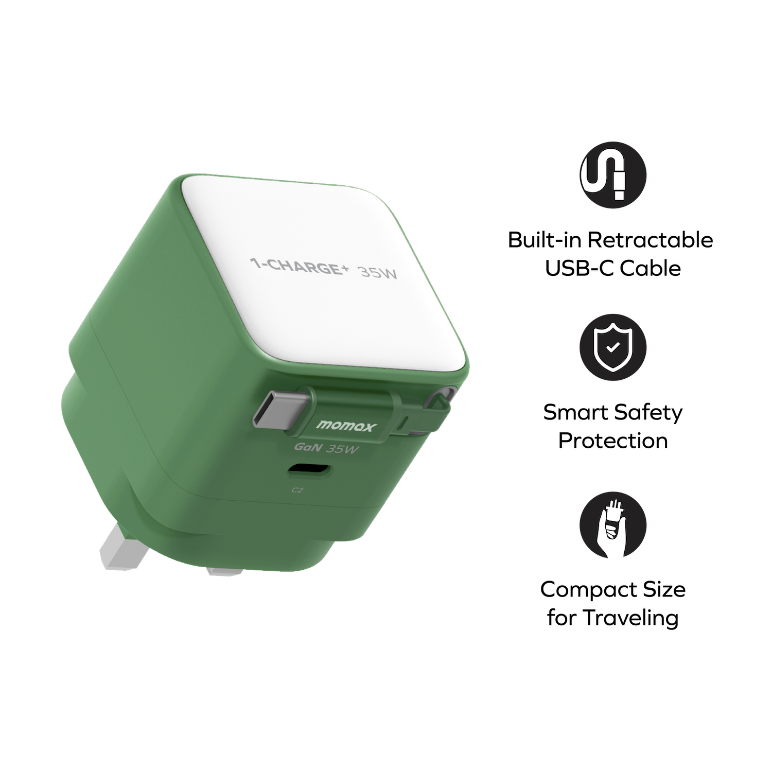 Momax UM72 Compact 35W GaN Charger with Built-in USB-C Cable for Macbook Air & Mobile Devices