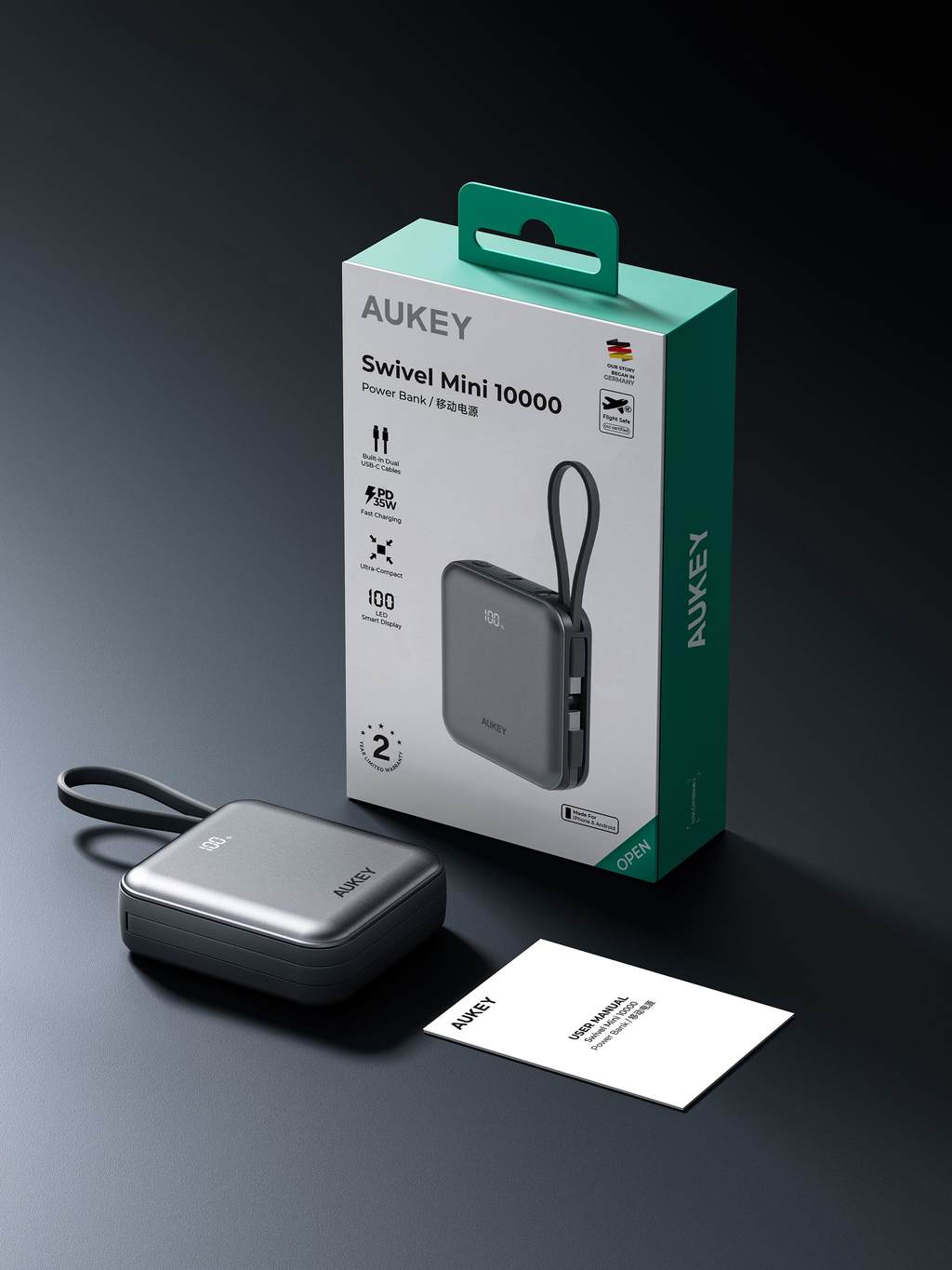 Aukey PB-Y91 Swivel Mini 10000 mAh Power Bank with Dual Built-in USB-C Cables