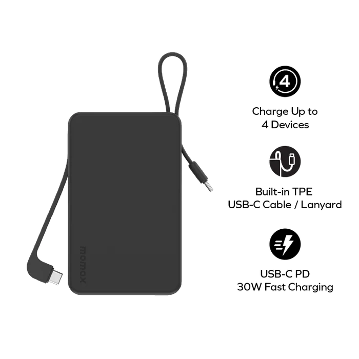 Momax IP139 1-Power Vital+ 20000mAh Battery Pack with Dual Built-in USB-C Cable