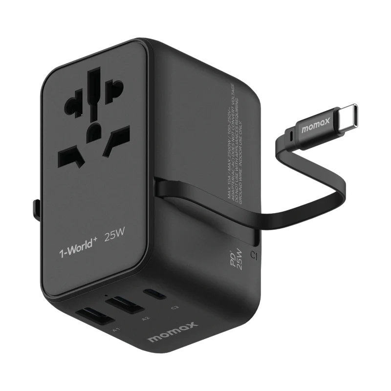 Momax UA20 1-World+ 25W 3-Port AC Travel Adapter w/ Built-in USB-C Cable