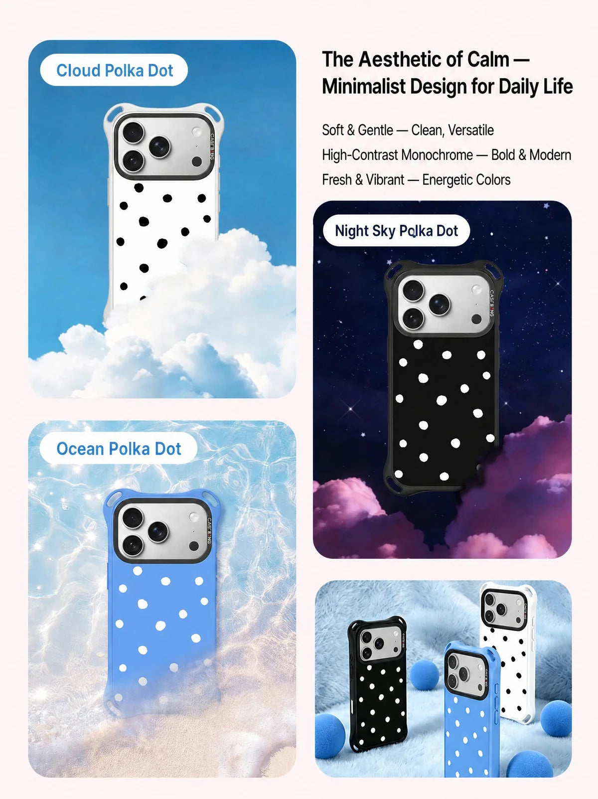 CASEBANG QuadGuard ImagiSnap Snap-On Base Case for iPhone 17-16 Series - Polka Dots | Base Case + Snap-On Cover set