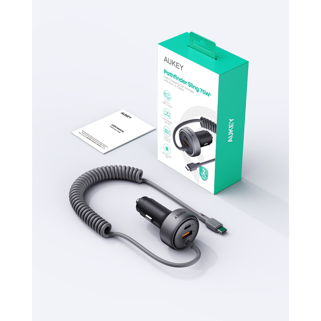 Aukey CC-P2 Pathfinder Sling 75W Fast Charging Car Charger with Built-in Cable