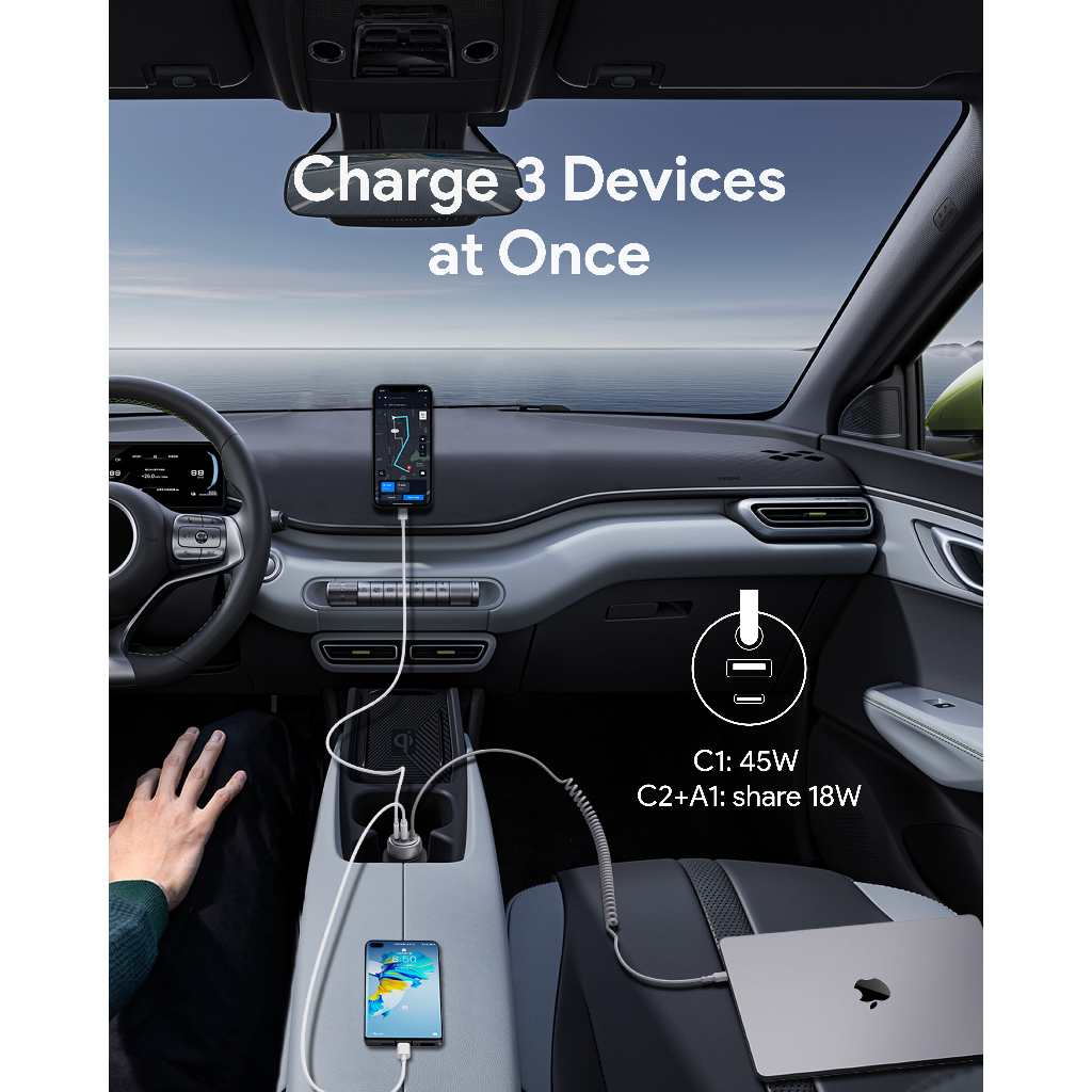 Aukey CC-P2 Pathfinder Sling 75W Fast Charging Car Charger with Built-in Cable