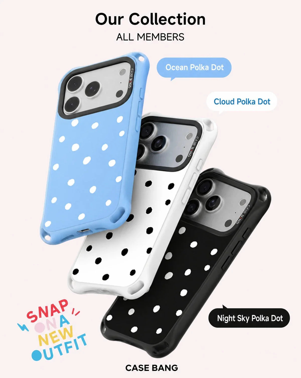 CASEBANG QuadGuard ImagiSnap Snap-On Base Case for iPhone 17-16 Series - Polka Dots | Base Case + Snap-On Cover set