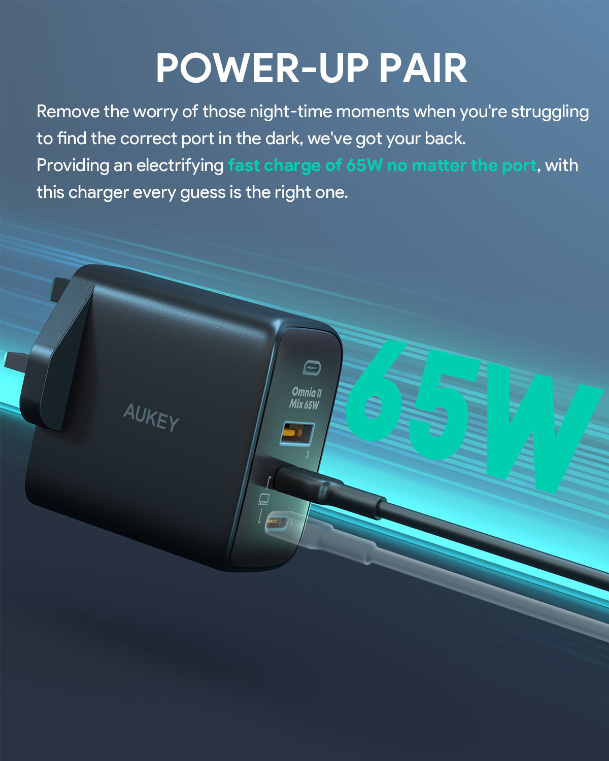 Aukey PA-B6T Omnia II 3-Port 65w PD & Super Fast Charging (PPS) Wall Charger with GaN Power Technology