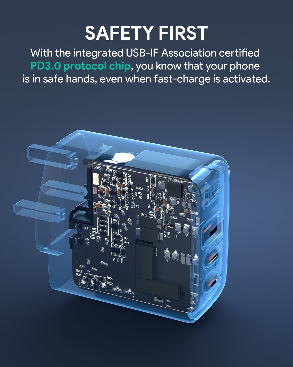 Aukey PA-B6T Omnia II 3-Port 65w PD & Super Fast Charging (PPS) Wall Charger with GaN Power Technology